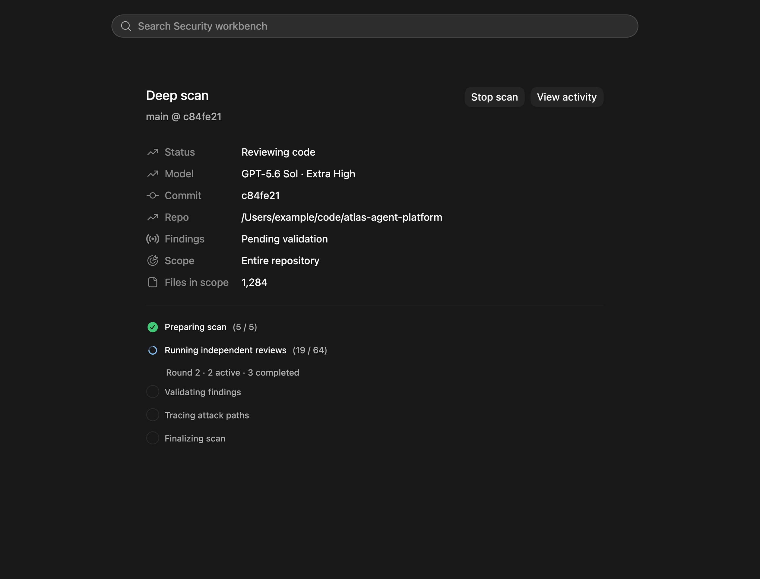 Native Codex Security workbench showing a deep scan and its active review phase