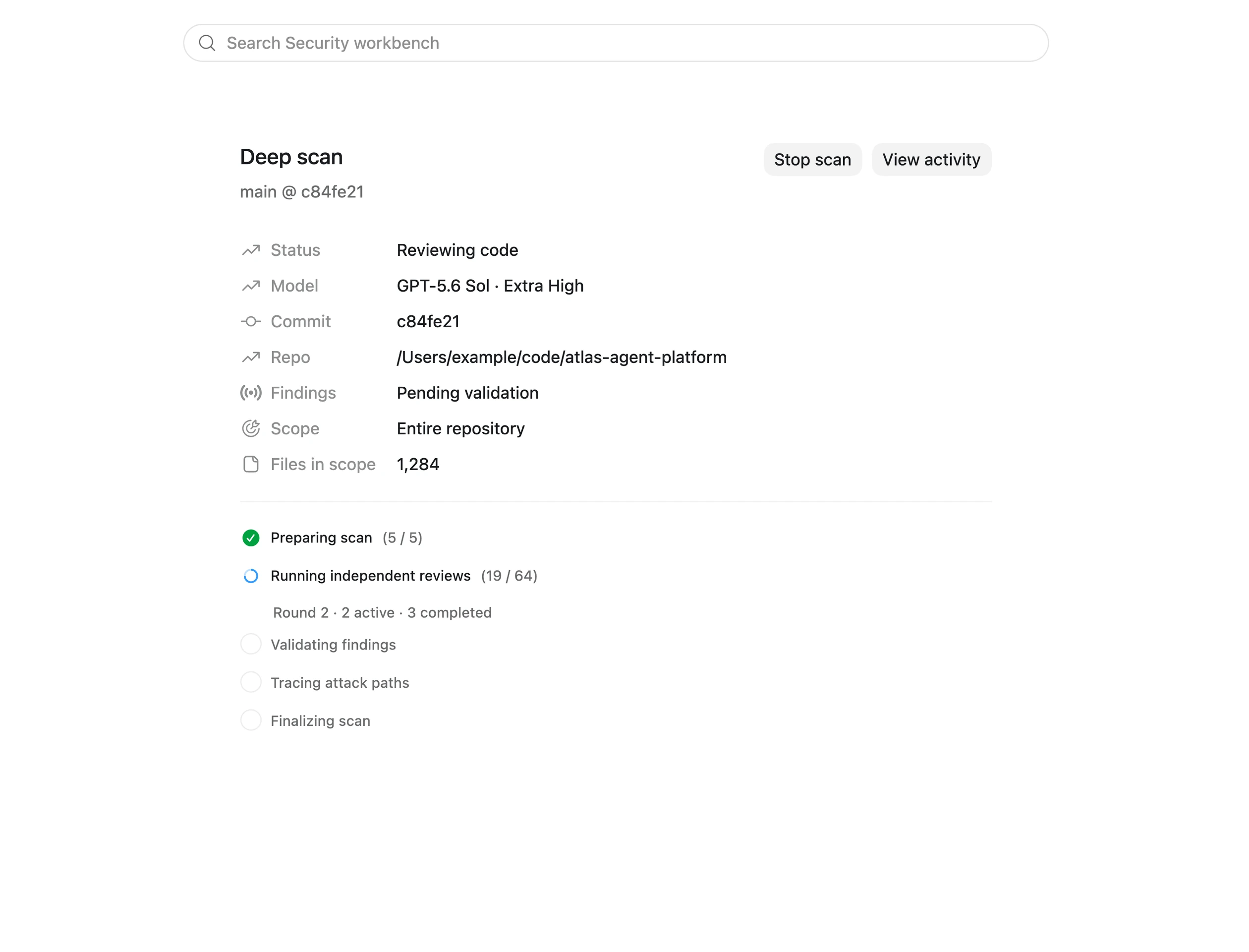 Native Codex Security workbench showing a deep scan and its active review phase