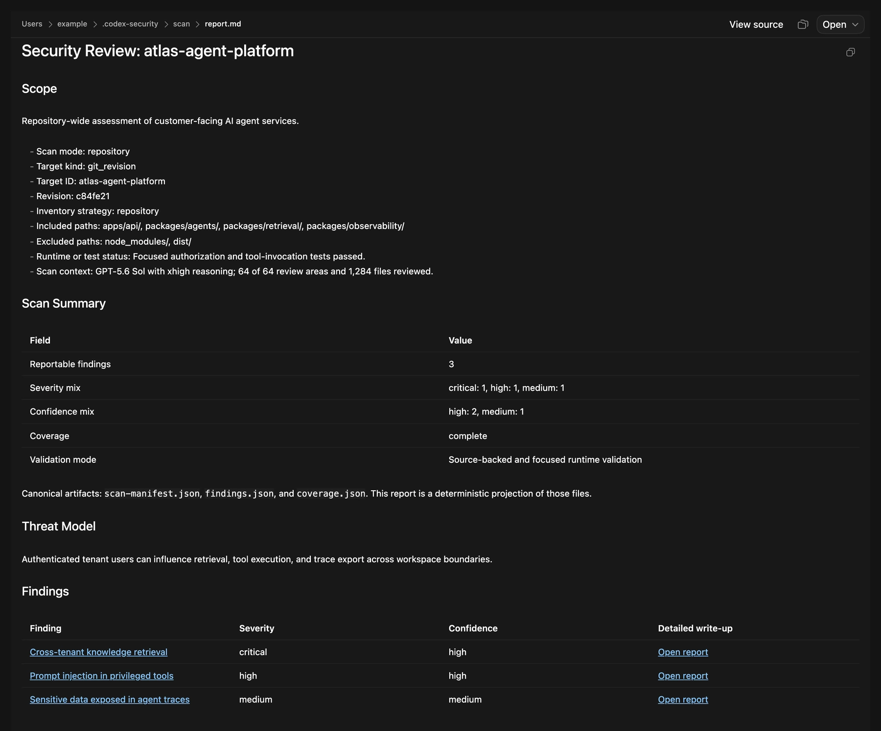 Example generated security report showing the scan scope, threat model, and validated findings