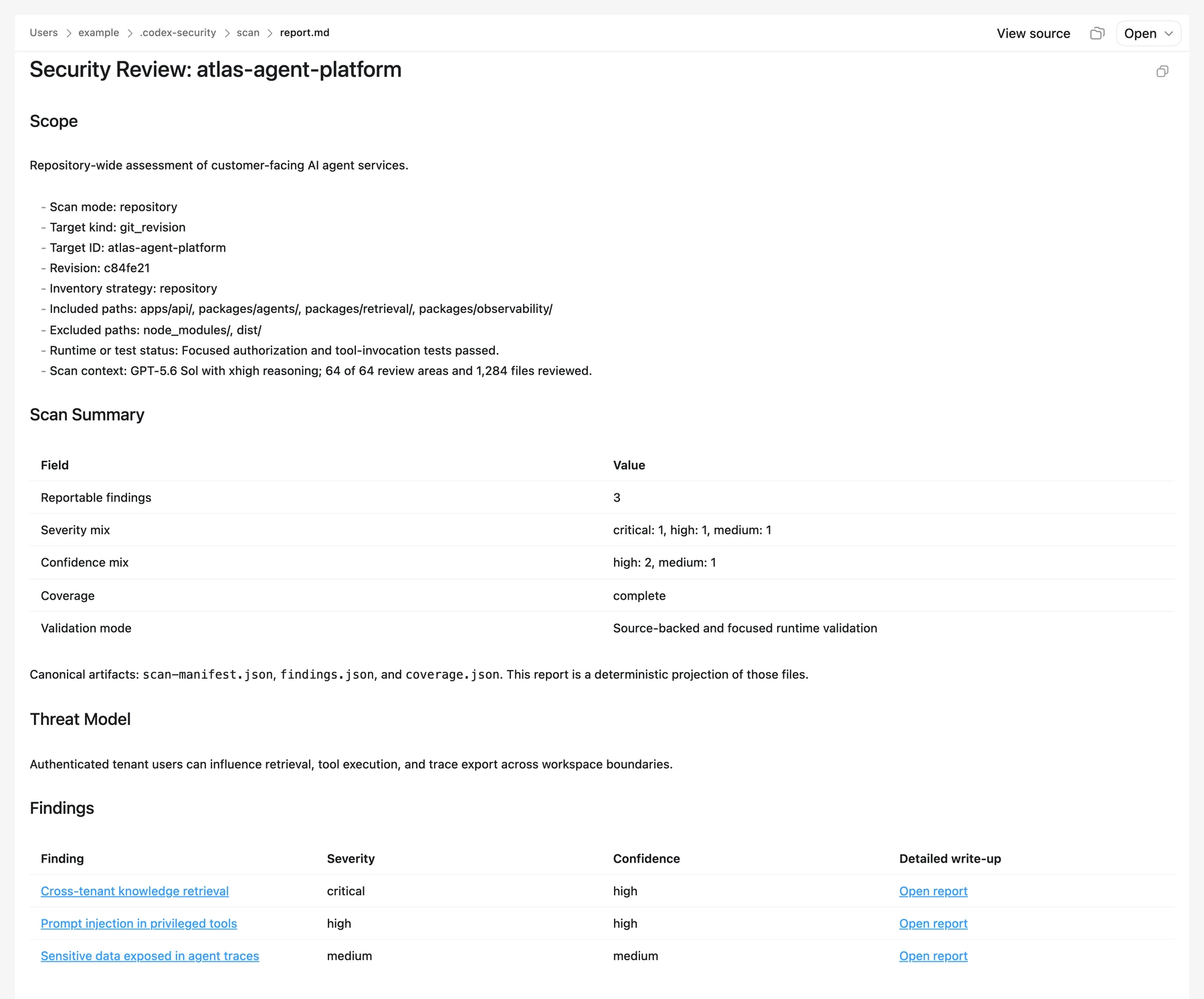 Example generated security report showing the scan scope, threat model, and validated findings
