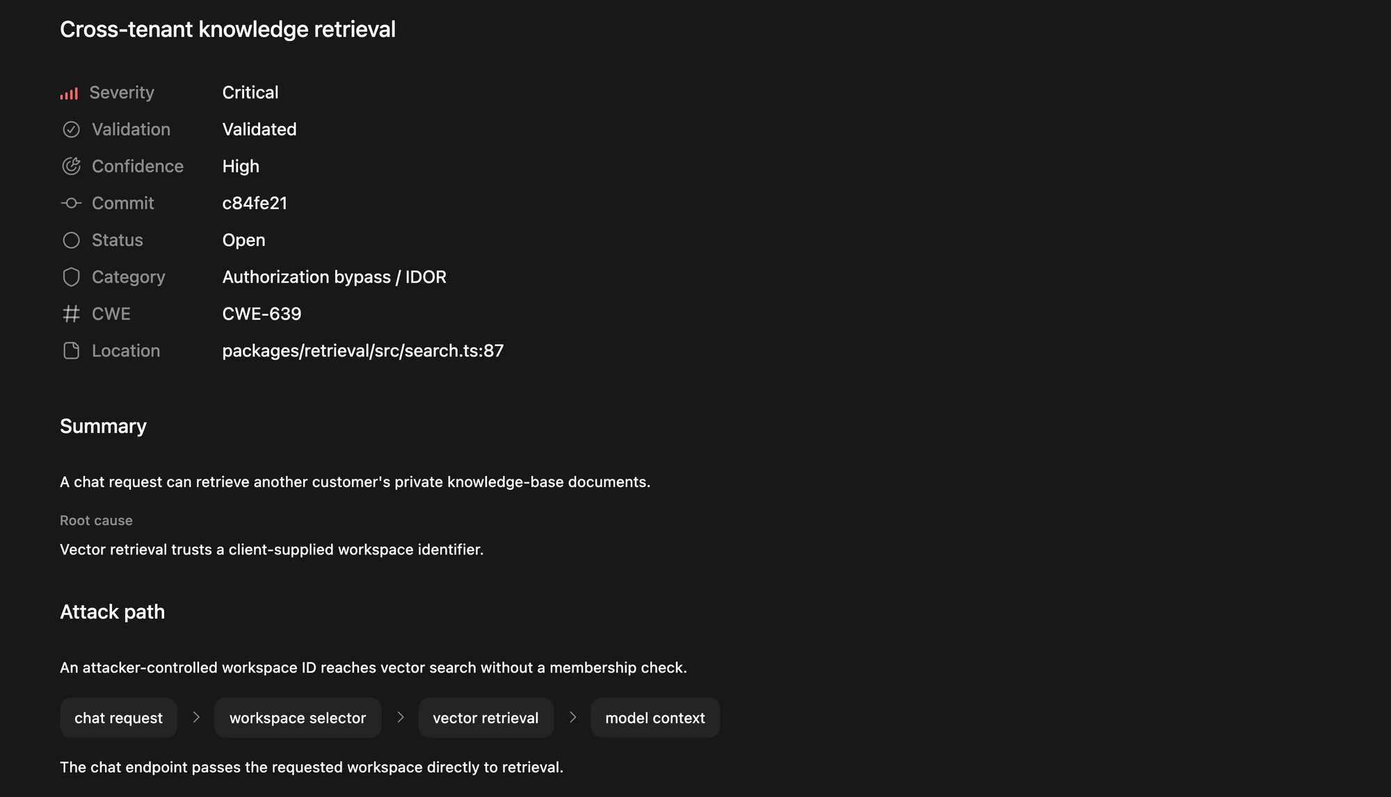 Codex Security finding showing its severity, validation status, root cause, and attack path
