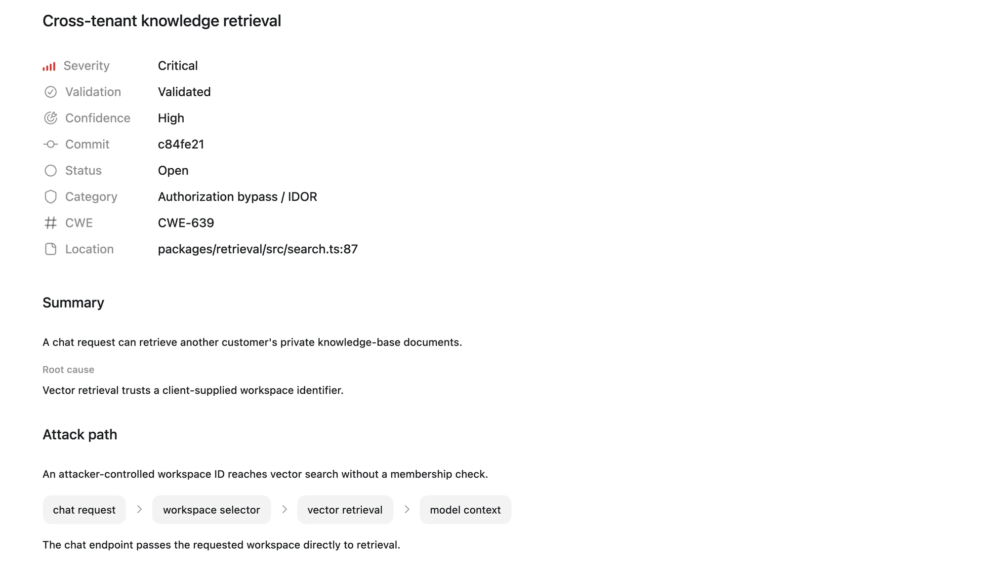 Codex Security finding showing its severity, validation status, root cause, and attack path