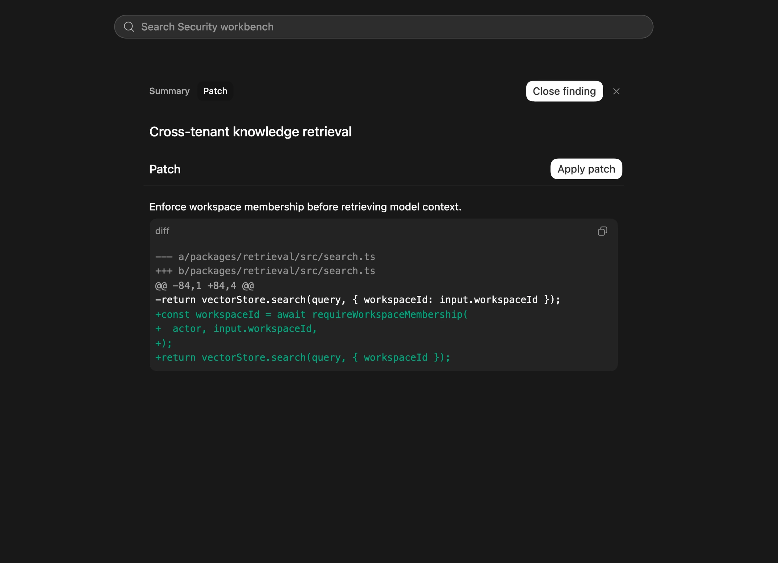 Native Codex Security workbench showing the generated patch for an accepted finding