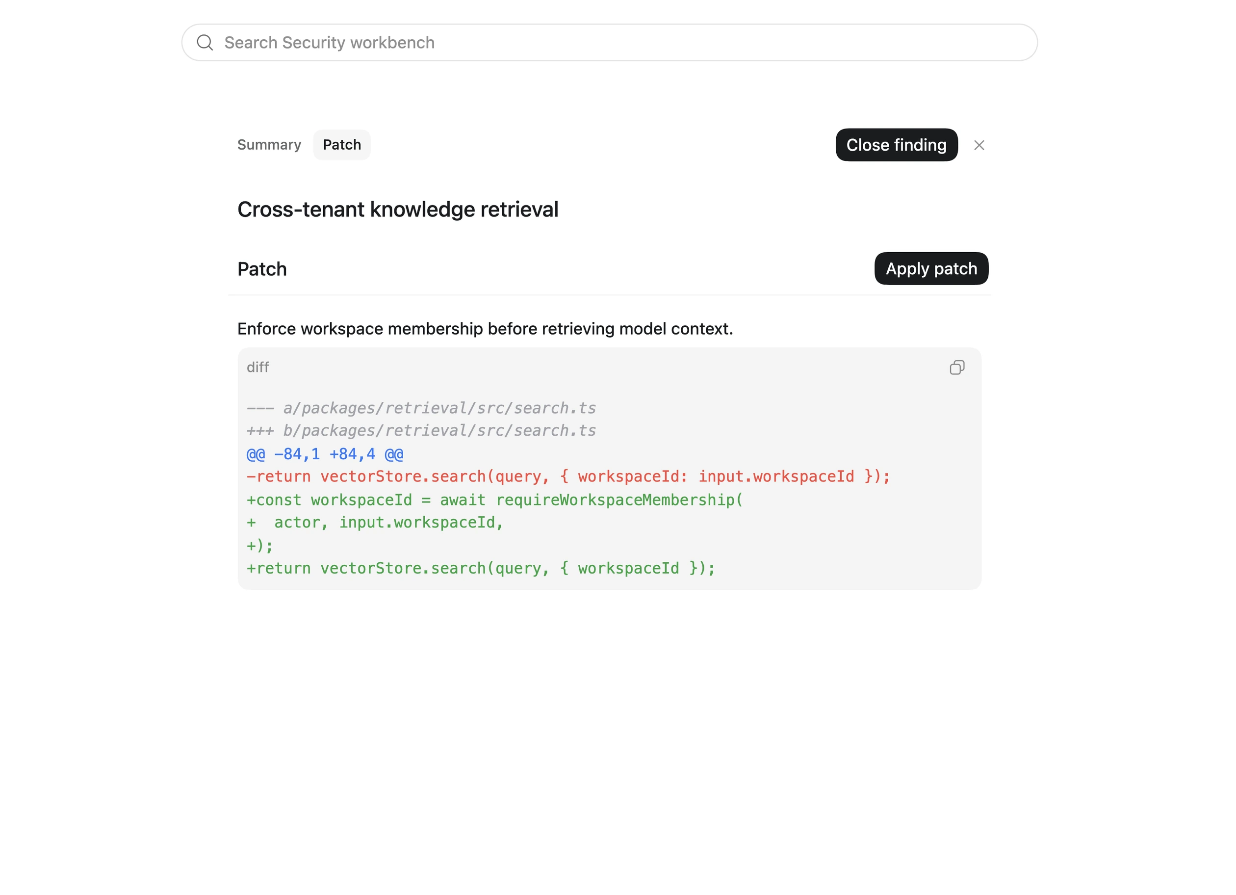 Native Codex Security workbench showing the generated patch for an accepted finding