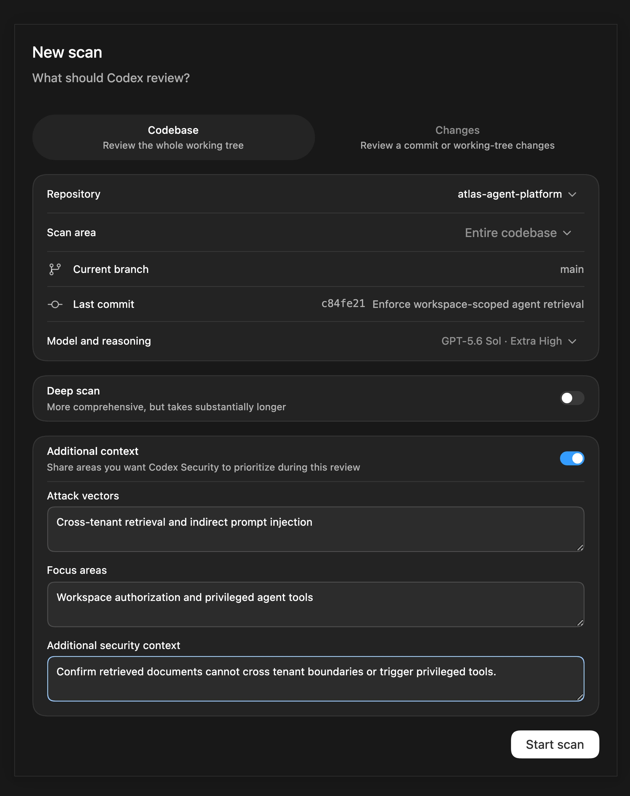 Native Codex Security scan setup with additional context enabled and example attack vectors, focus areas, and security guidance