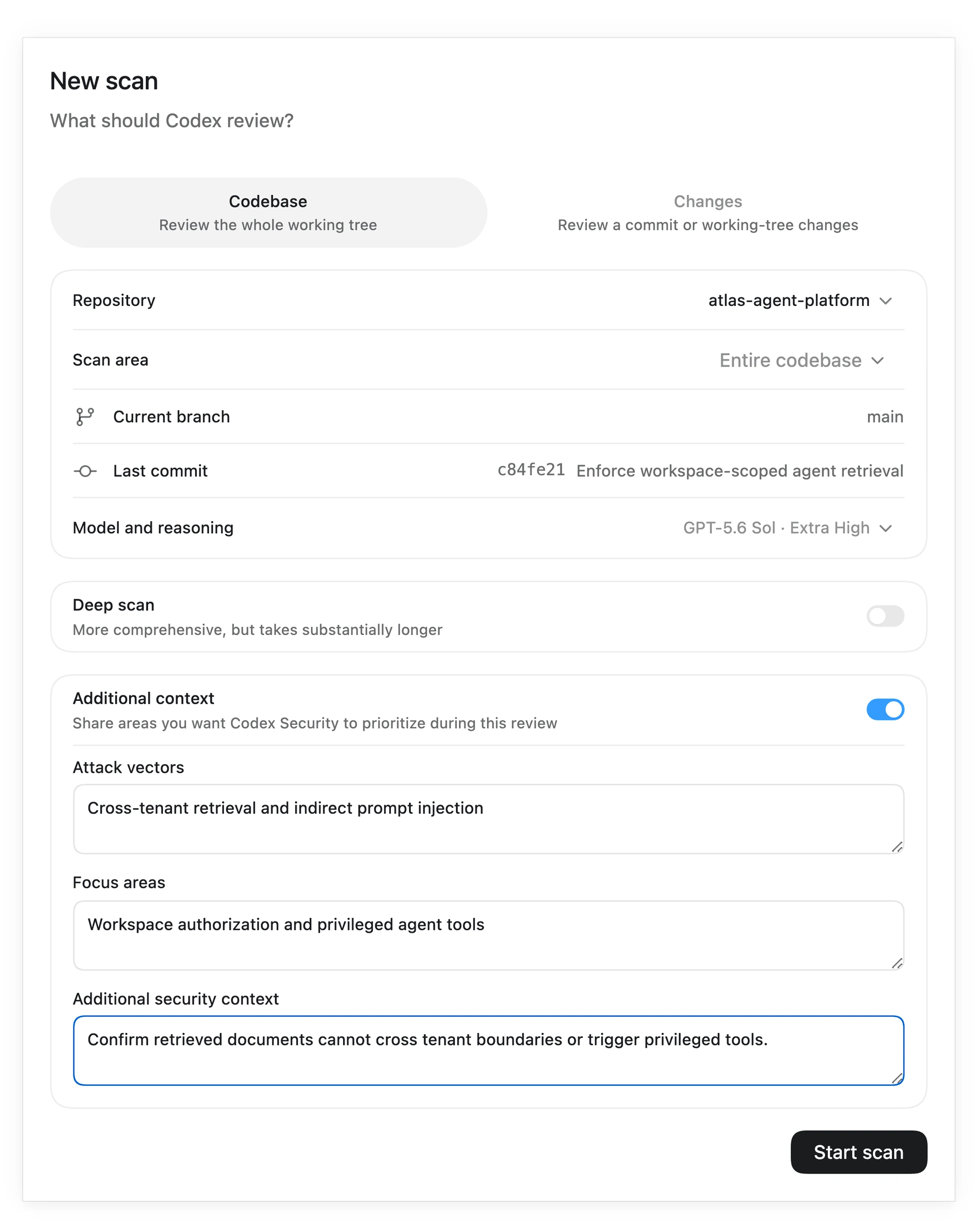 Native Codex Security scan setup with additional context enabled and example attack vectors, focus areas, and security guidance