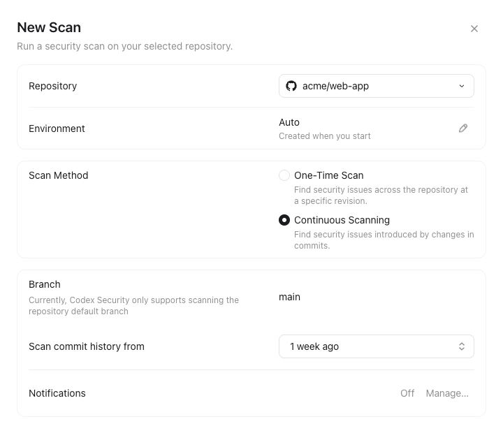 New Scan settings with the fictional acme/web-app repository, continuous scanning, the main branch, and one week of commit history