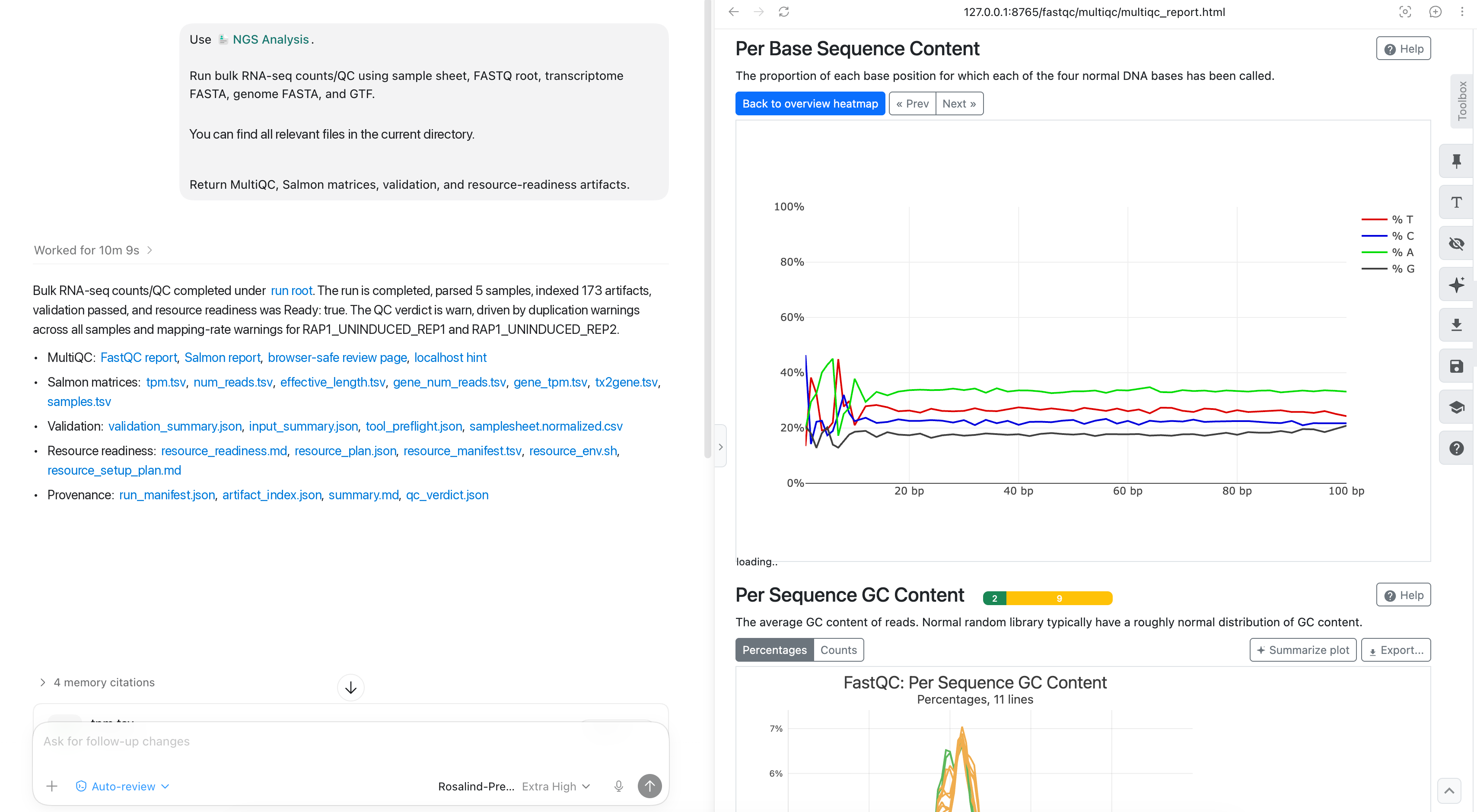 一併查看 FastQC 序列內容警告與 bulk RNA-seq 執行摘要。