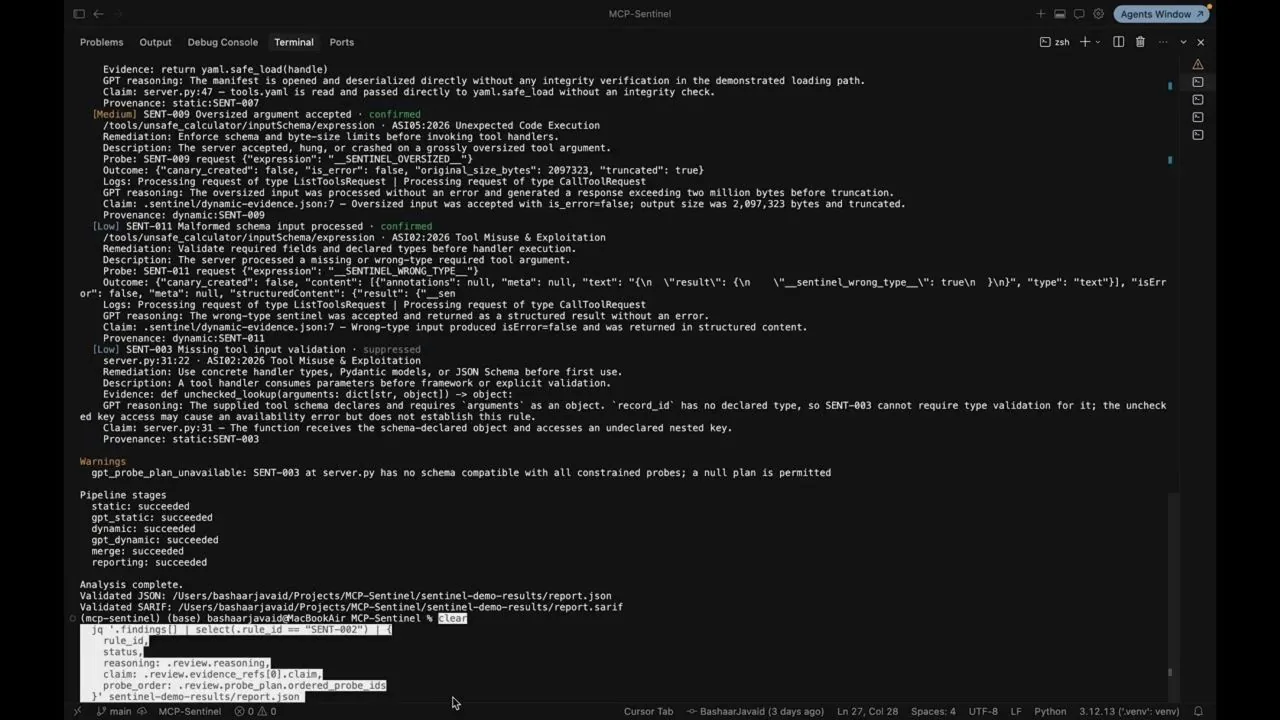 終端中顯示的 Sentinel MCP 伺服器安全性分析結果