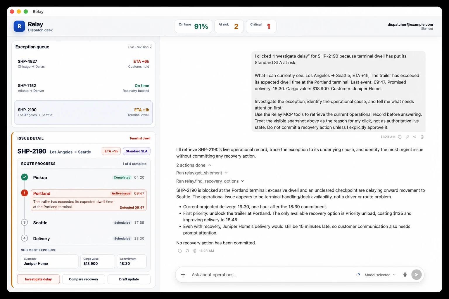 Relay 貨運營運儀表板，顯示異常佇列、貨運詳細資料，以及正在調查貨運延誤的 Codex 智慧體。