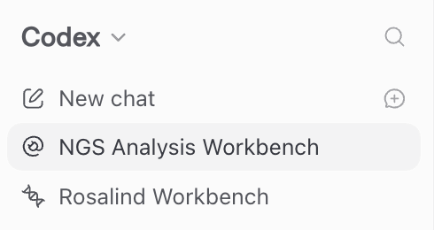 Codex 導覽列中的 NGS Analysis Workbench 與 Rosalind Workbench。