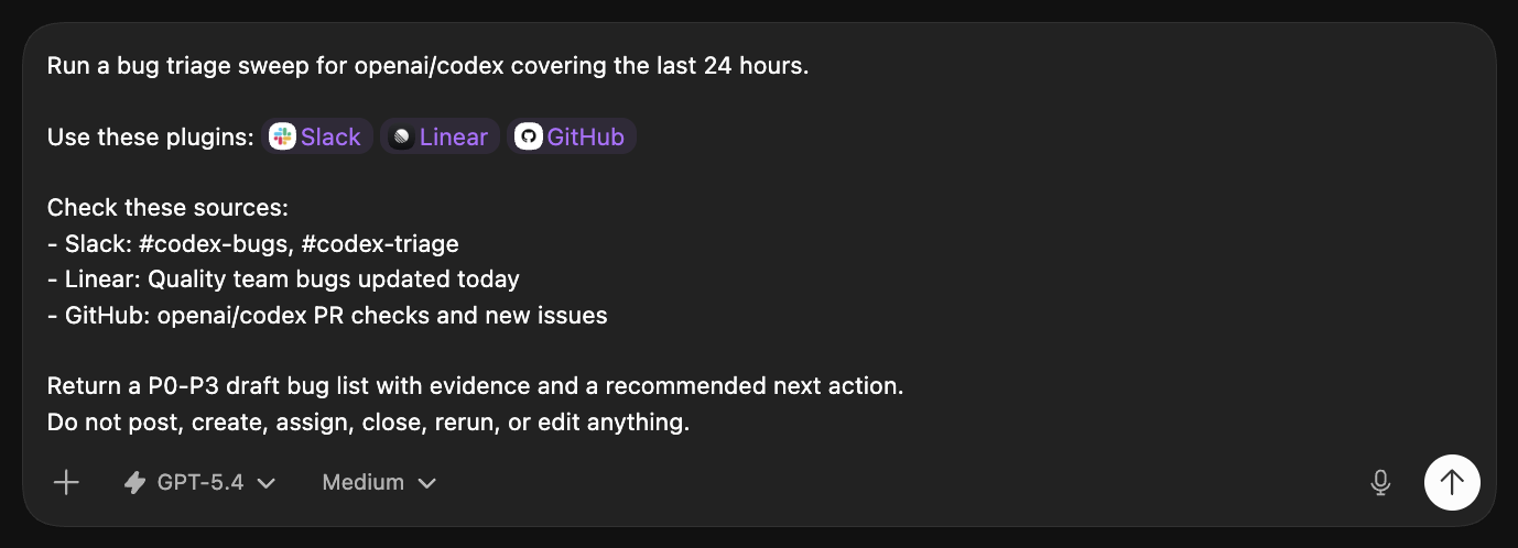 提及 Slack、Linear 和 GitHub 外掛程式，並列出錯誤分流巡查所需檢查之確切來源的 Codex 提示詞