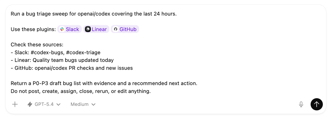 提及 Slack、Linear 和 GitHub 外掛程式，並列出錯誤分流巡查所需檢查之確切來源的 Codex 提示詞