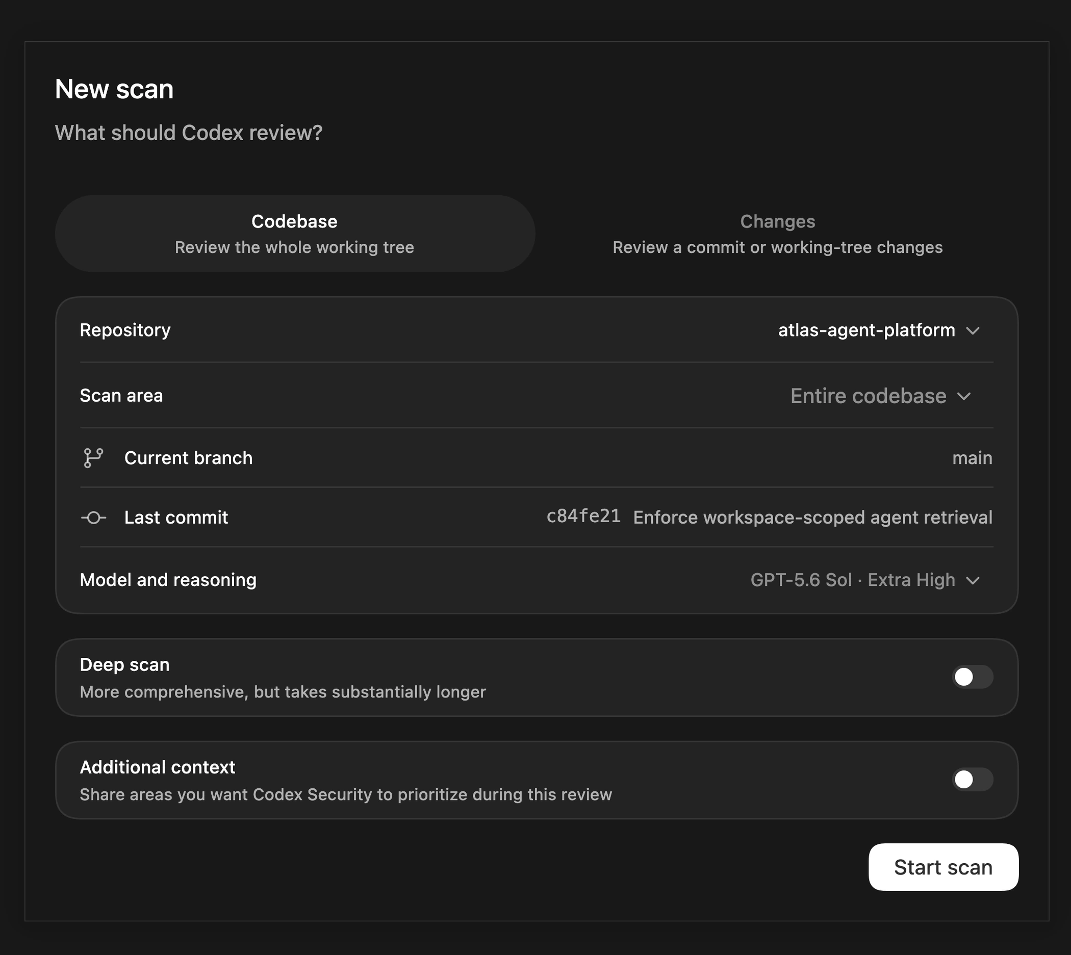 Codex Security 工作台顯示新程式碼庫掃描的設定畫面