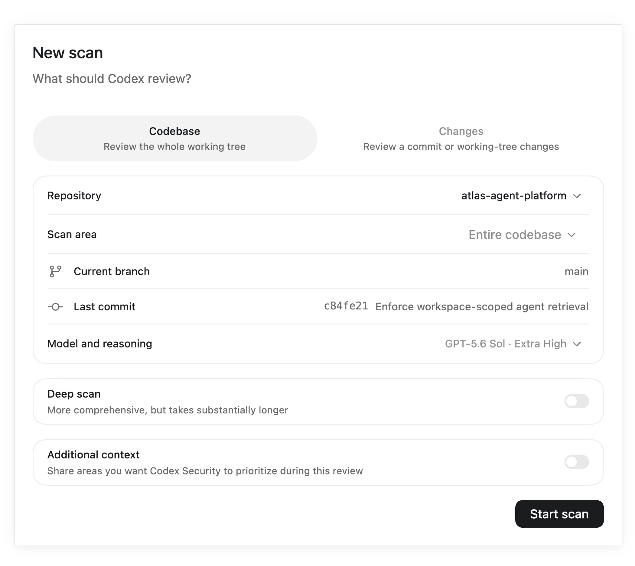 Codex Security 工作台顯示新程式碼庫掃描的設定畫面