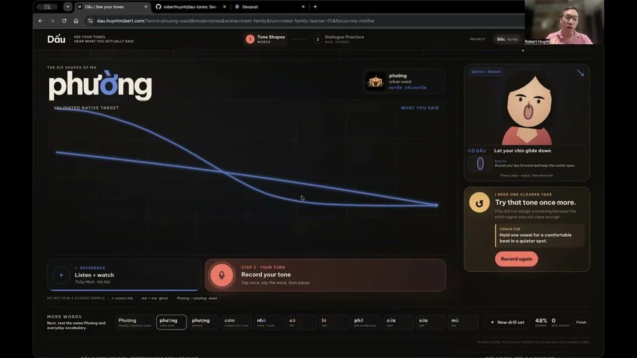 Dấu Vietnamese tone-learning interface with pitch curves and coaching