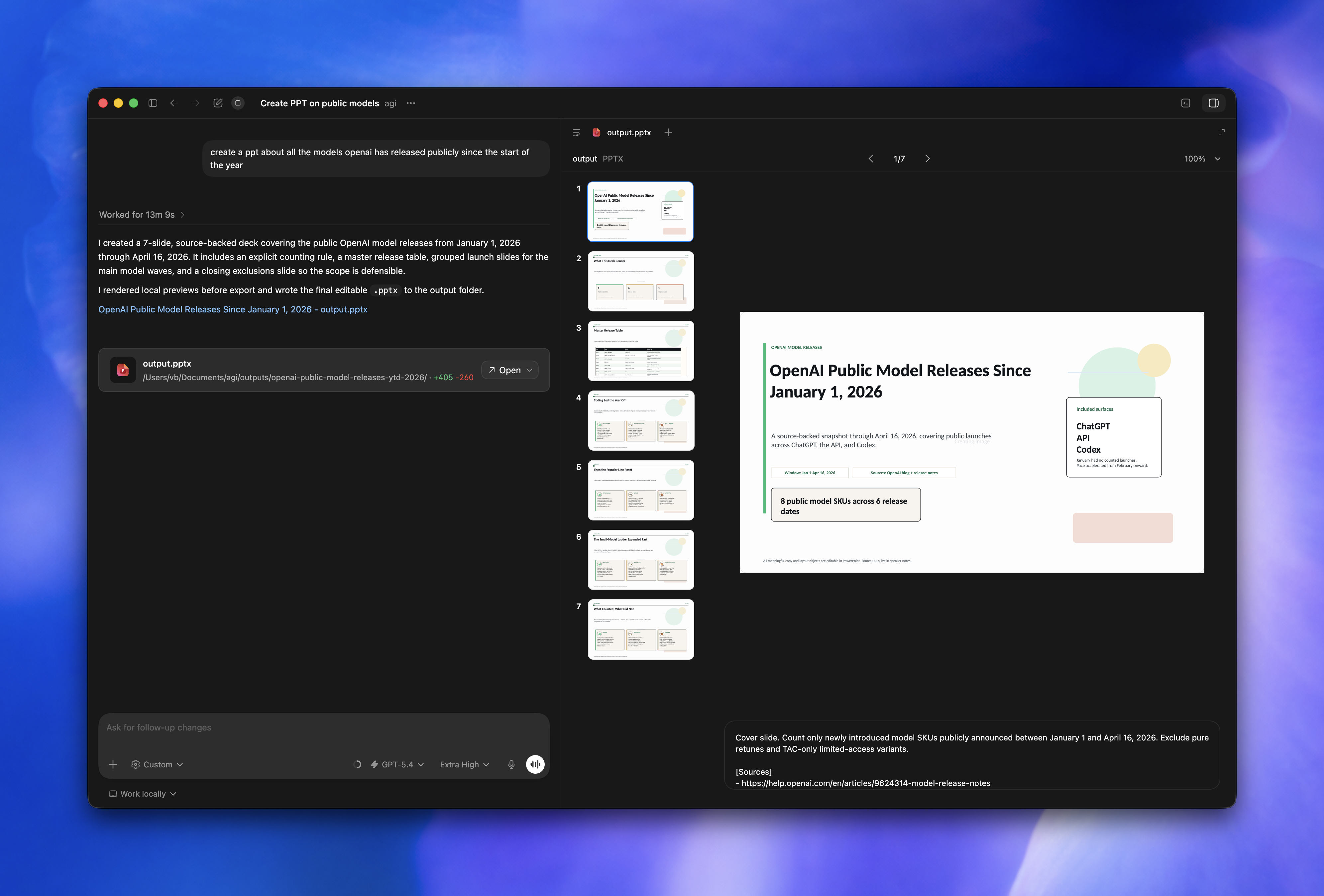 ChatGPT desktop app showing a generated presentation preview