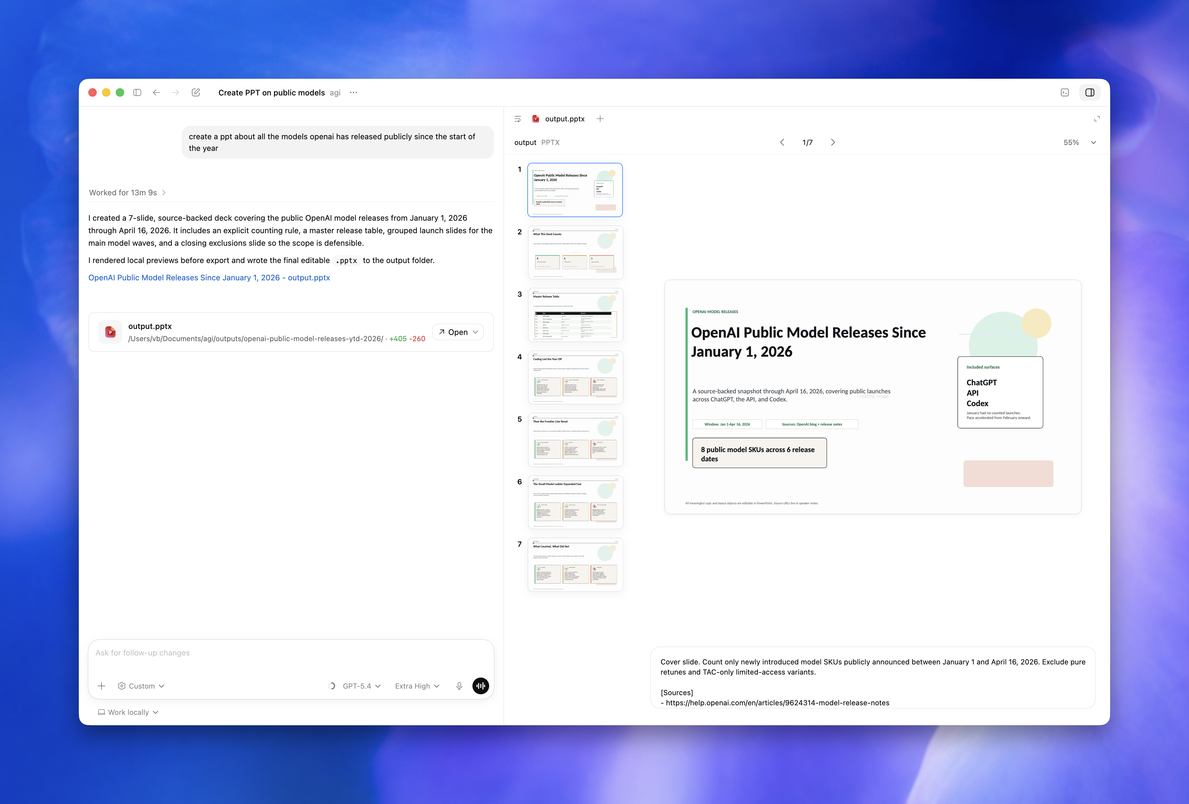 ChatGPT desktop app showing a generated presentation preview