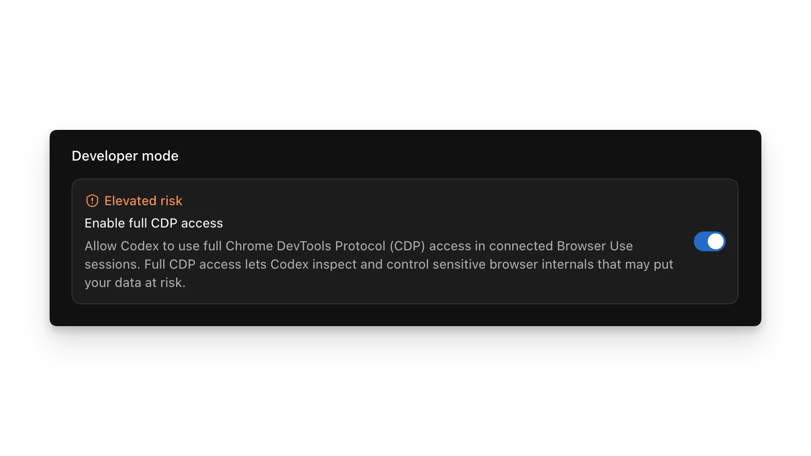 ChatGPT desktop app Browser settings showing Developer mode with full CDP access enabled