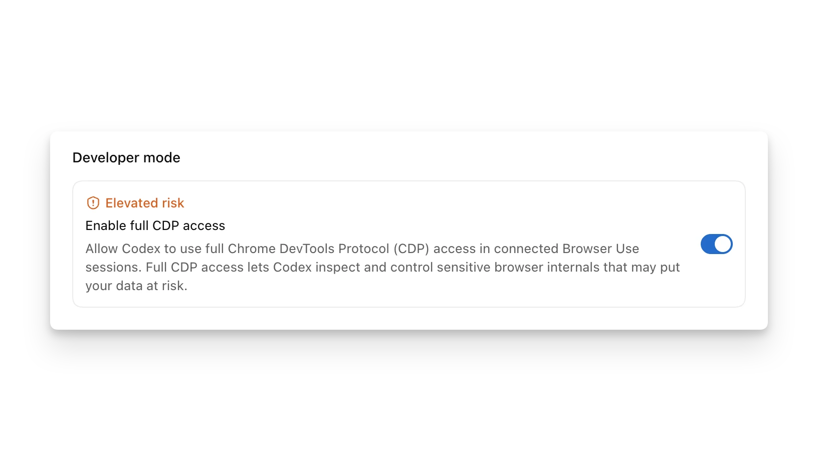 ChatGPT desktop app Browser settings showing Developer mode with full CDP access enabled