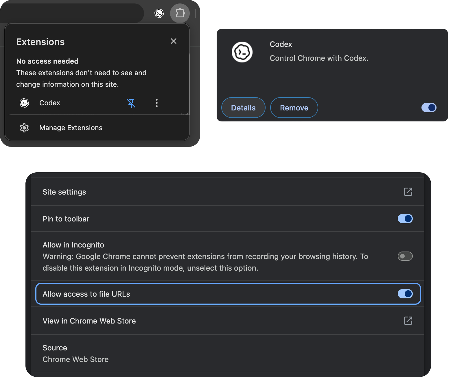 Chrome extension settings showing Allow access to file URLs enabled for ChatGPT