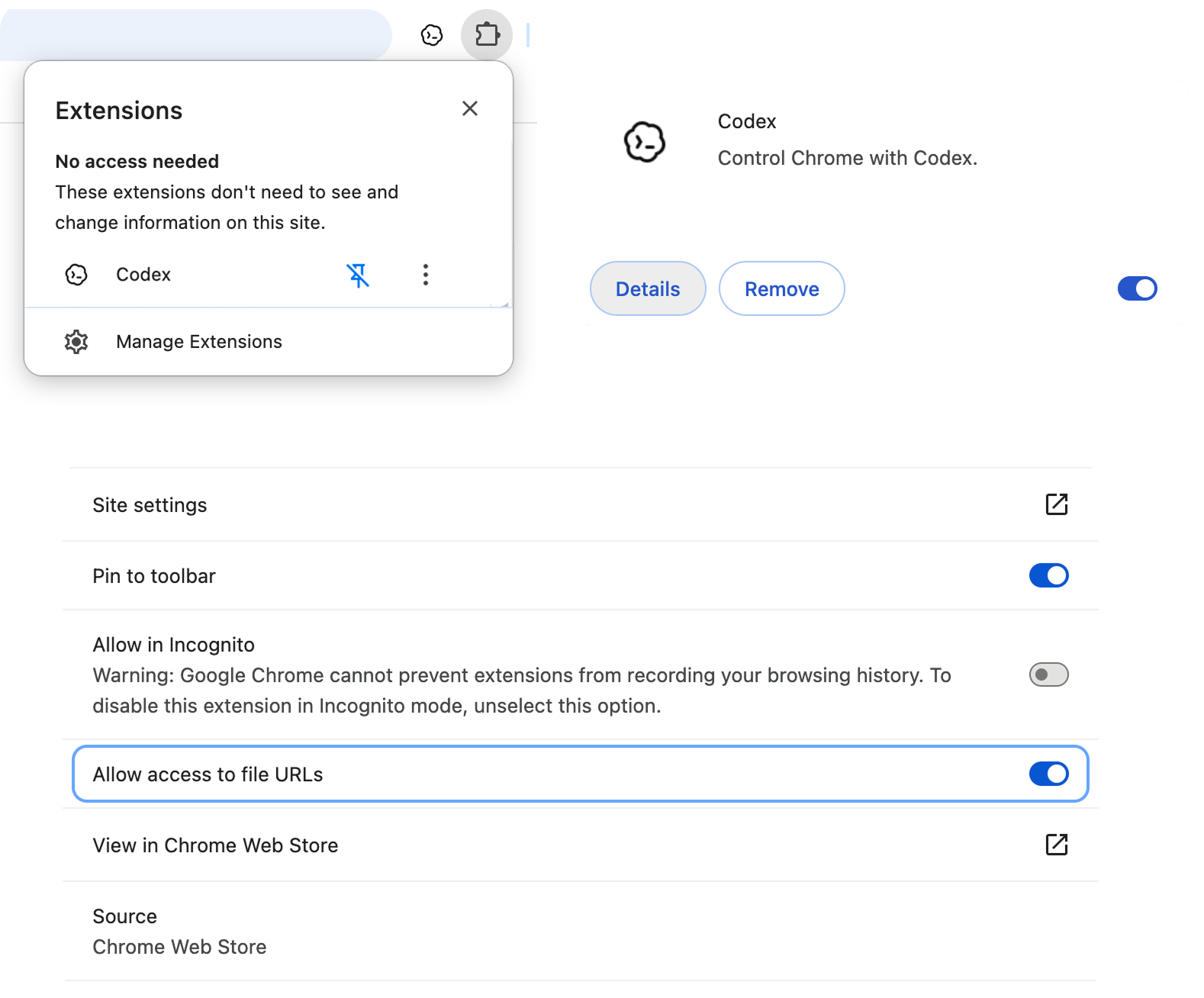 Chrome extension settings showing Allow access to file URLs enabled for ChatGPT