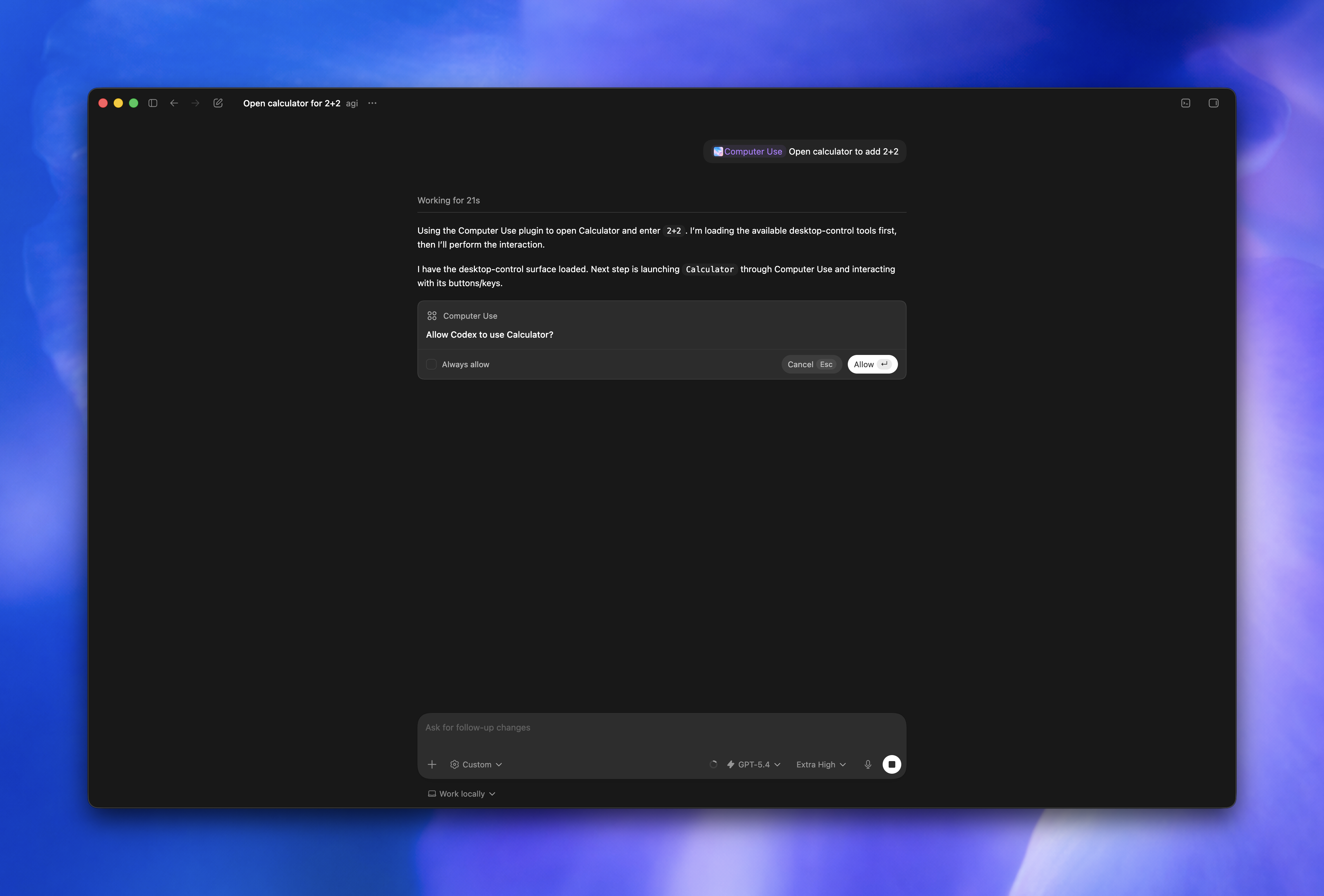 ChatGPT desktop app asking for permission to use Calculator with Computer Use