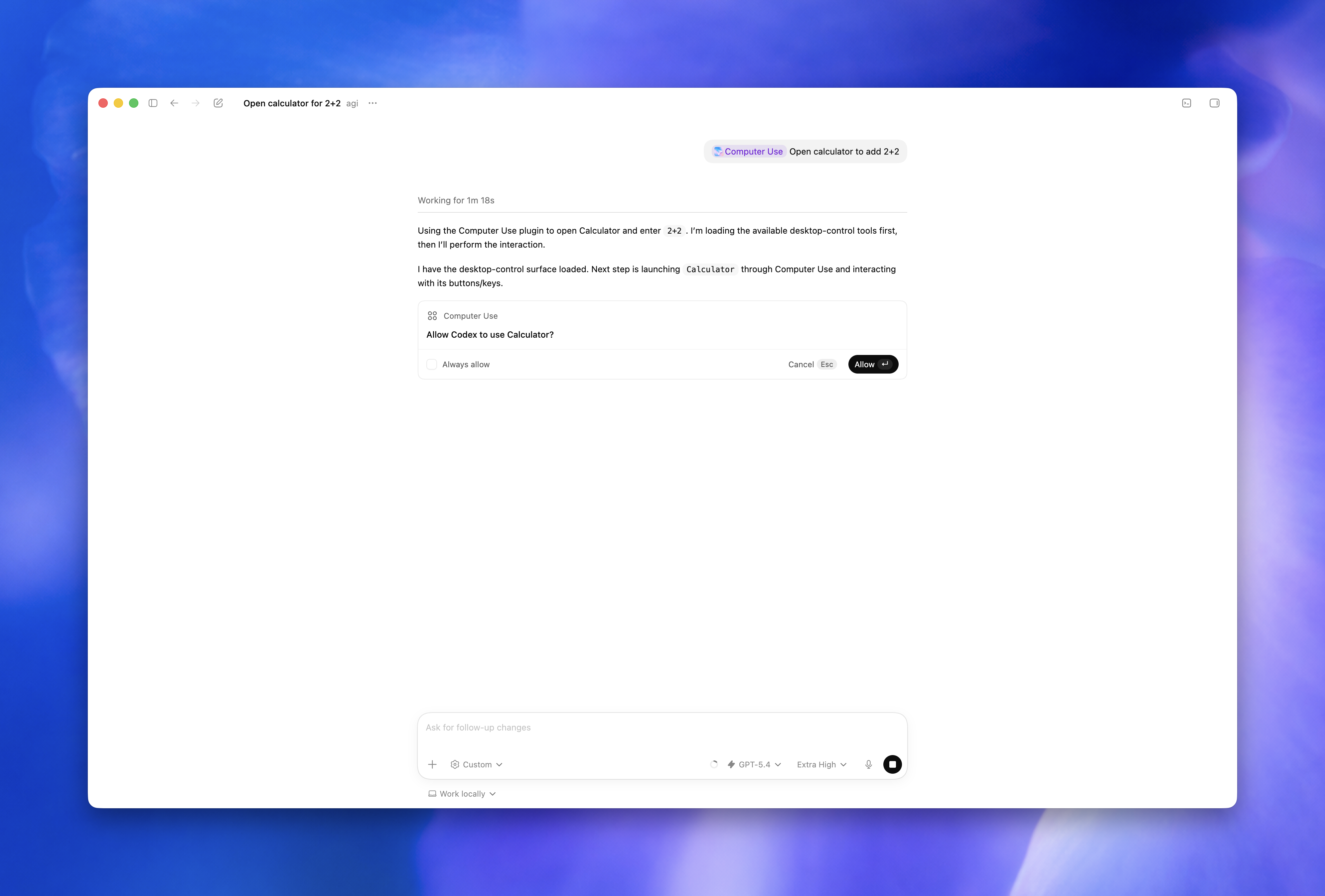 ChatGPT desktop app asking for permission to use Calculator with Computer Use