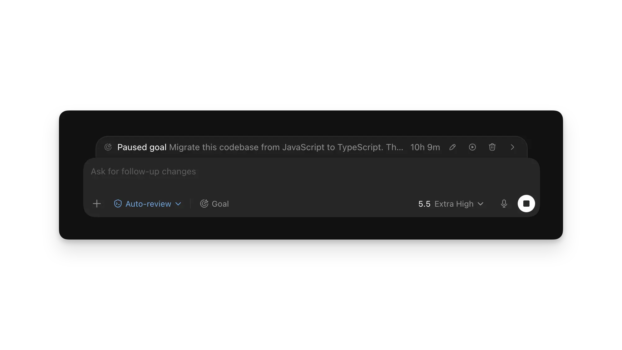 ChatGPT desktop app goal progress controls above the composer