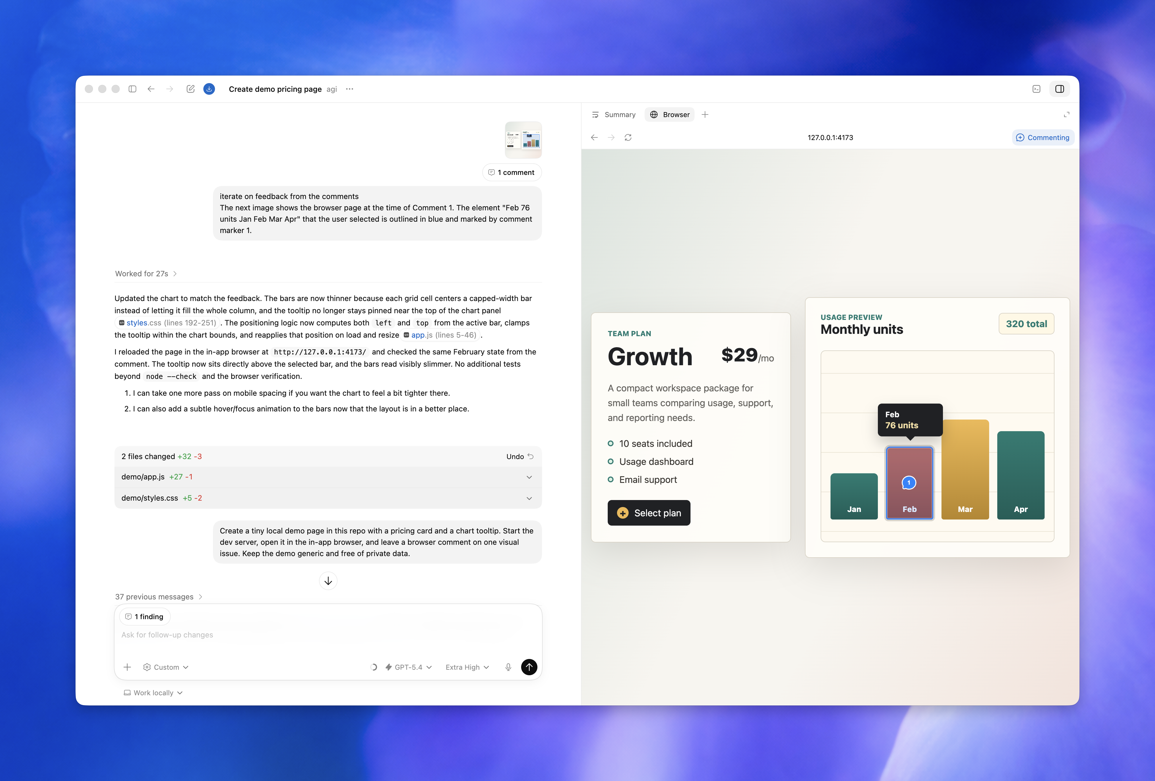 ChatGPT desktop app showing a browser comment on a local web app preview