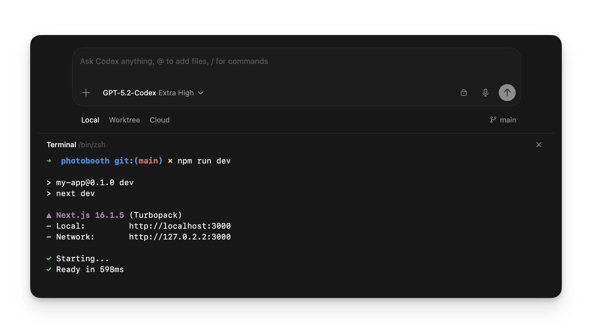 Integrated terminal drawer open beneath a ChatGPT task