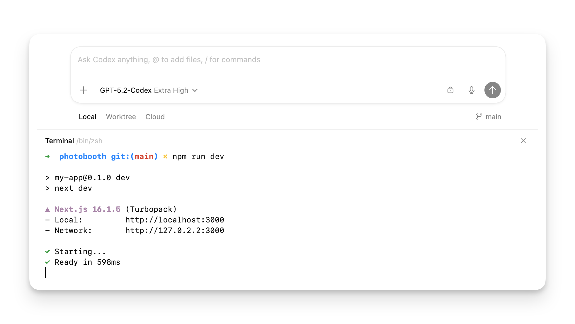 Integrated terminal drawer open beneath a ChatGPT task