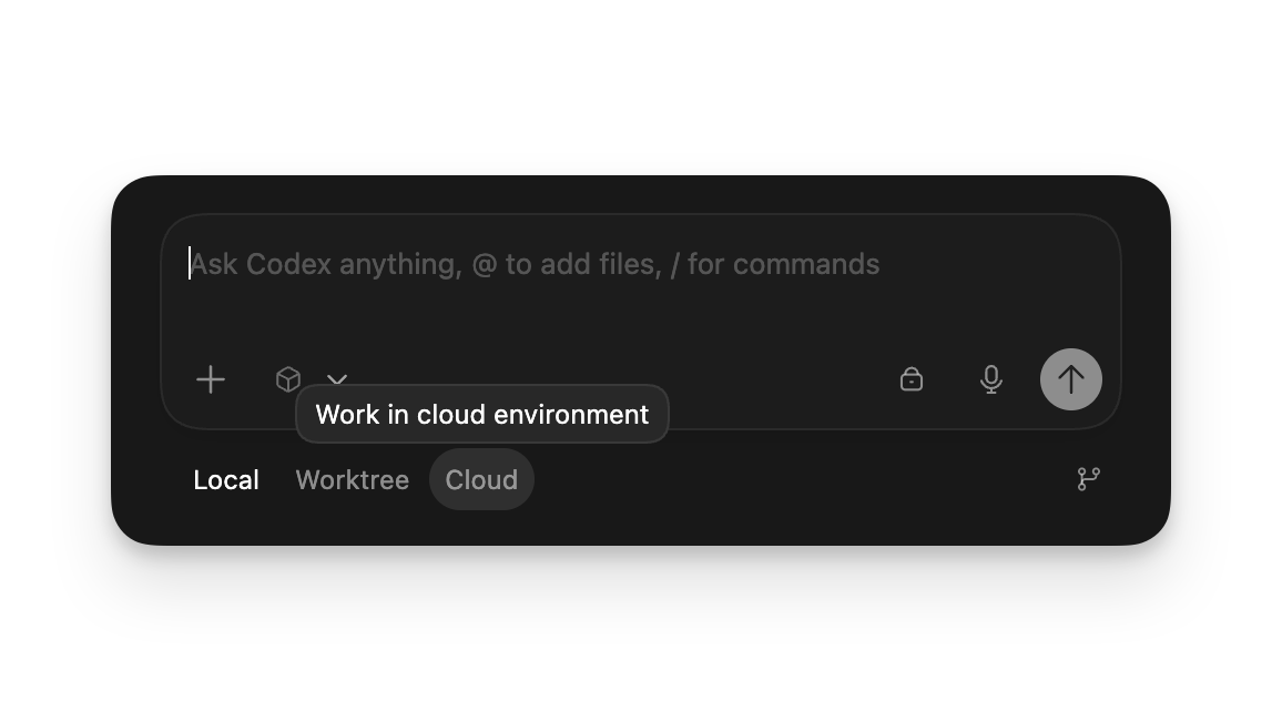 New task composer with Local, Worktree, and Cloud environment options