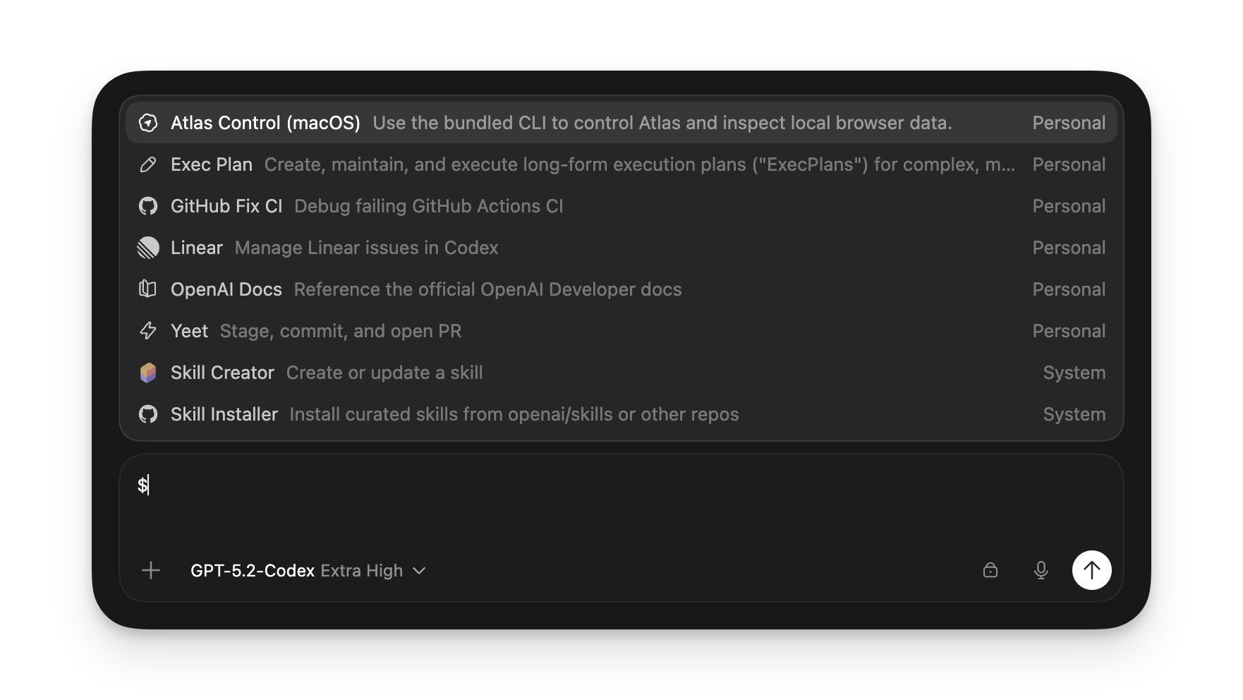 Skills picker showing available skills in the ChatGPT desktop app