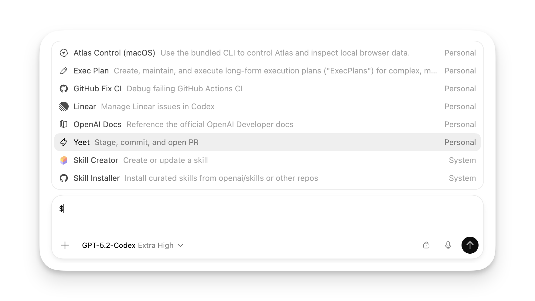 Skills picker showing available skills in the ChatGPT desktop app