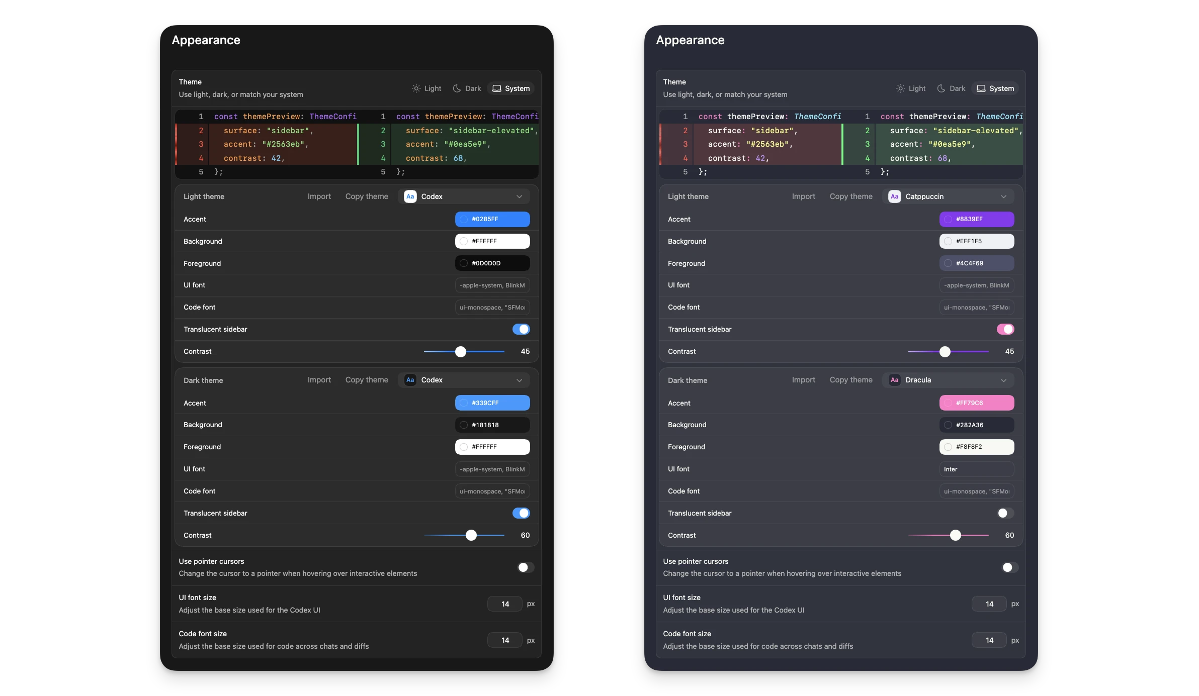 ChatGPT desktop app Appearance settings showing theme selection, color controls, and font options
