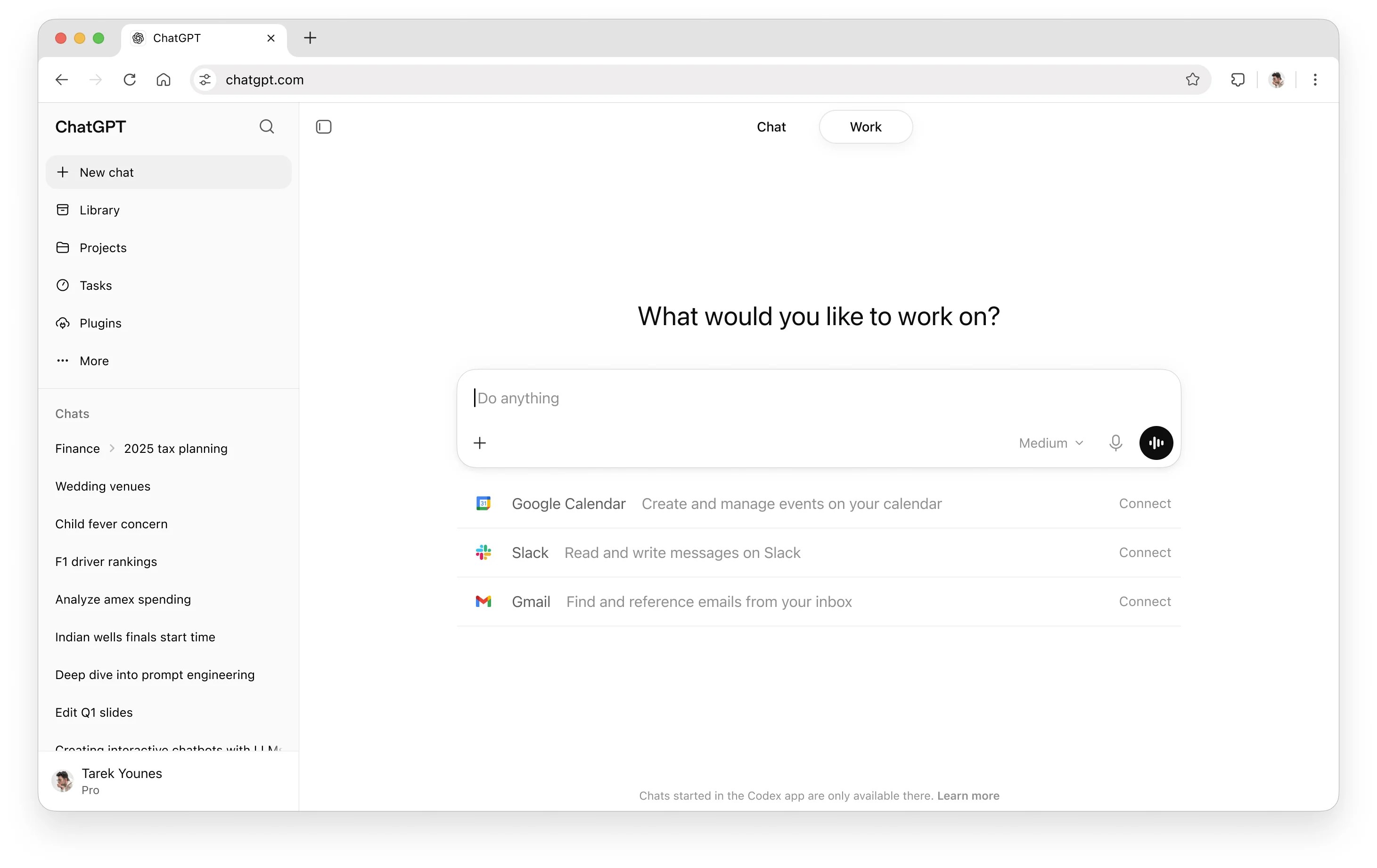 ChatGPT on the web with Work selected, a prompt composer, connected apps, and projects in the sidebar