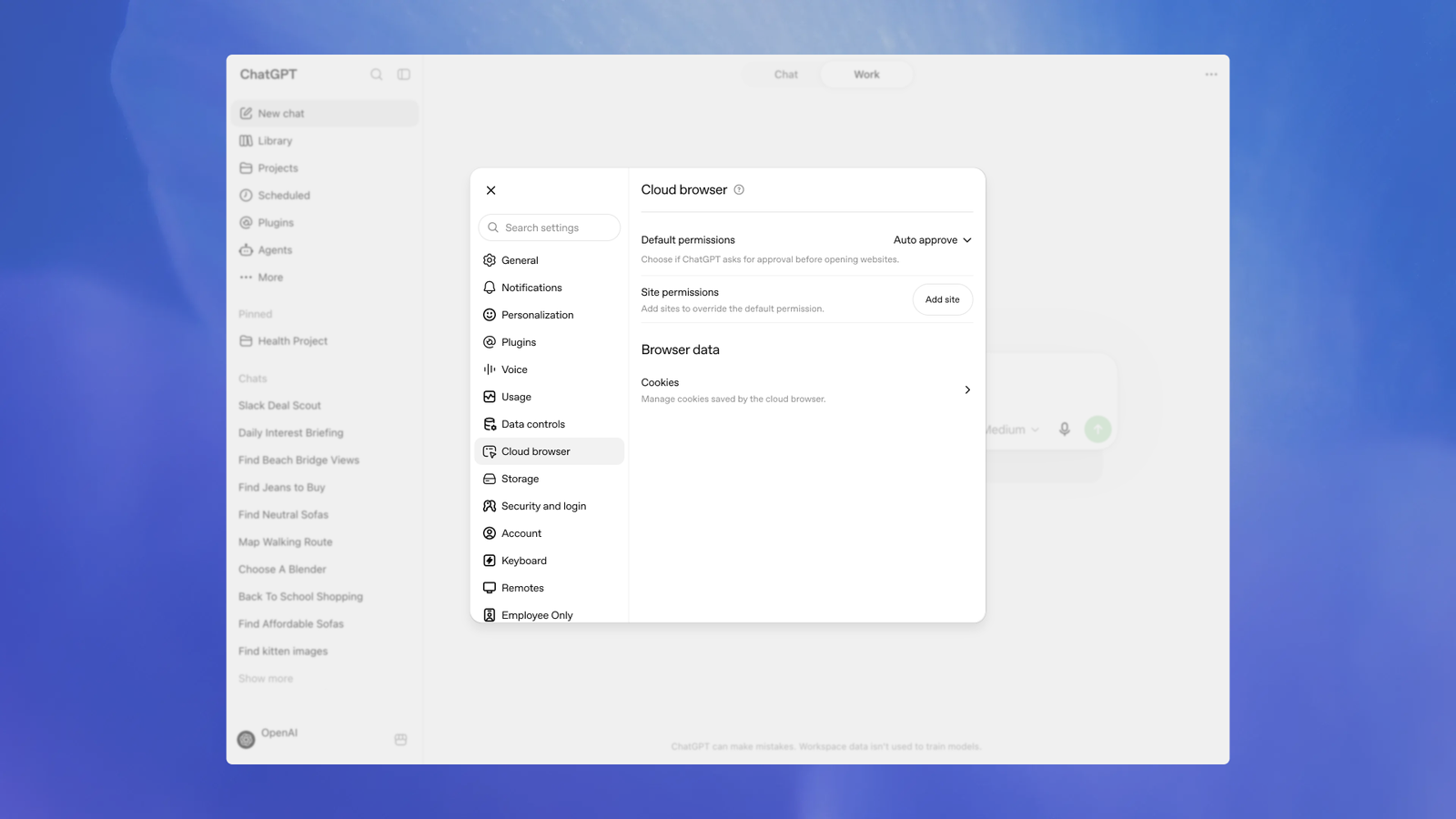 Cloud browser settings with a Browser data section and a Cookies control for managing cookies saved by the cloud browser.