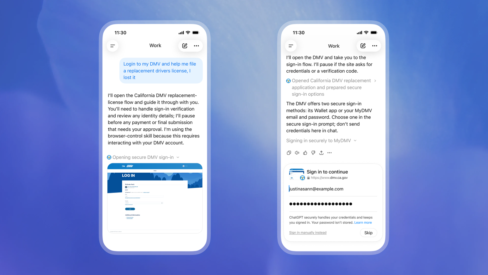 ChatGPT Work on iOS pausing a DMV task and showing a secure sign-in form with the website address and a masked password.