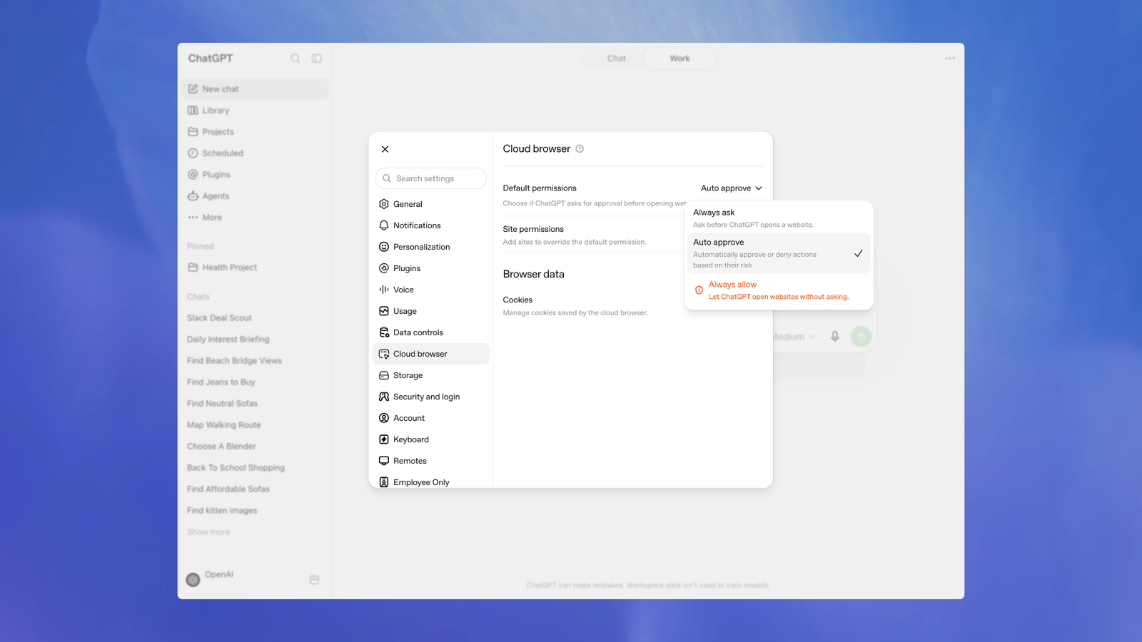Cloud browser settings showing the Always ask, Auto approve, and Always allow website permission options.