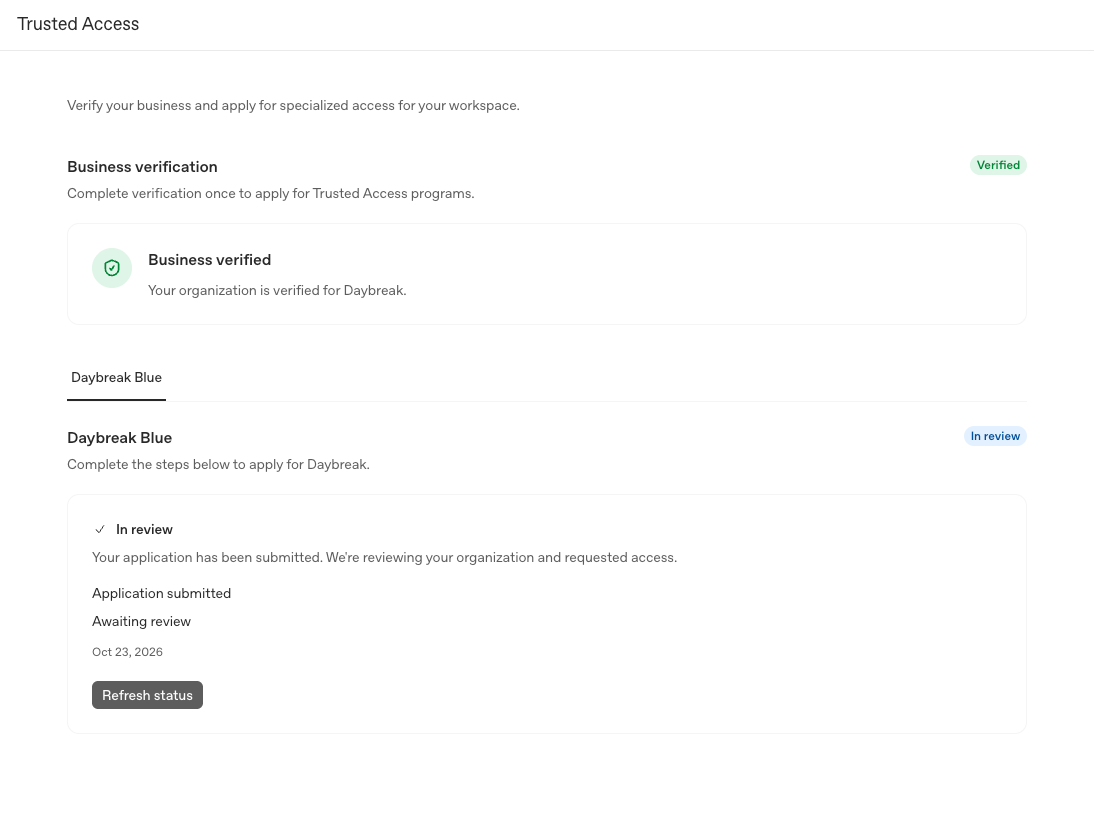 Trusted Access showing Verified for the business and In review for the submitted Daybreak Blue application