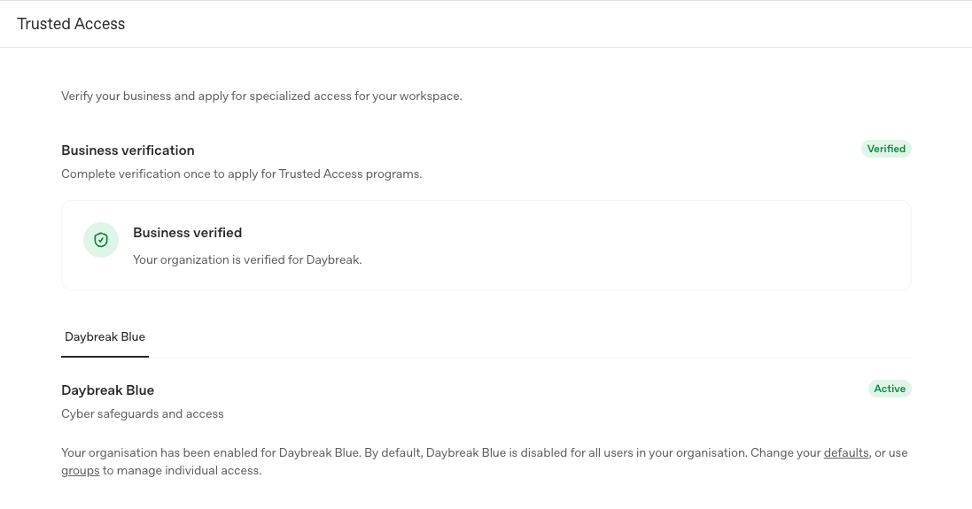 ChatGPT workspace Trusted Access panel showing business verification as Verified and Daybreak Blue as Active