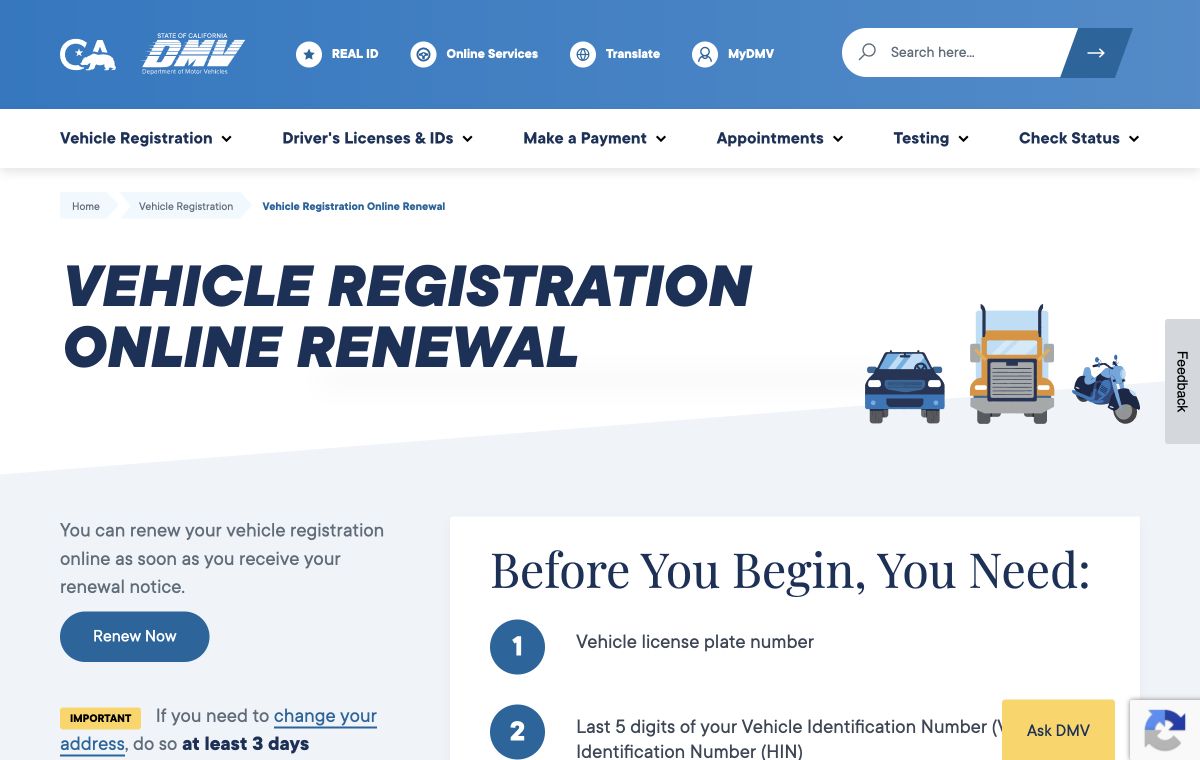California DMV website showing Vehicle Registration Online Renewal and the Before You Begin checklist.