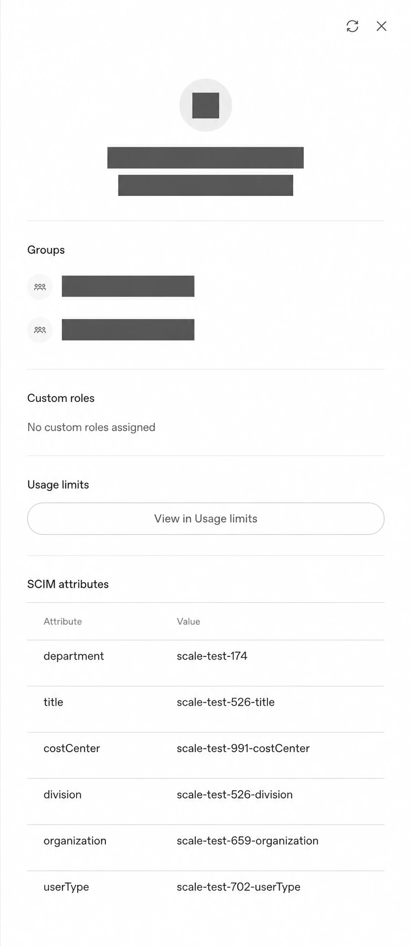 Member profile card with name, email, and group names masked, showing SCIM attribute names and values