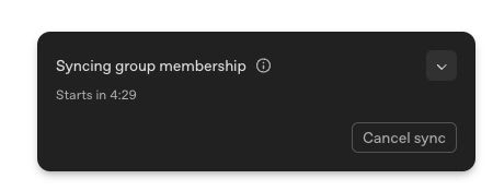 The Syncing group membership panel shows a countdown and Cancel sync control