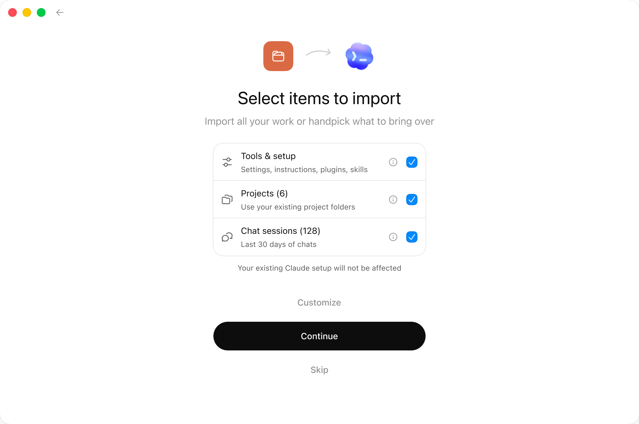 Select the setup and recent work to import into ChatGPT