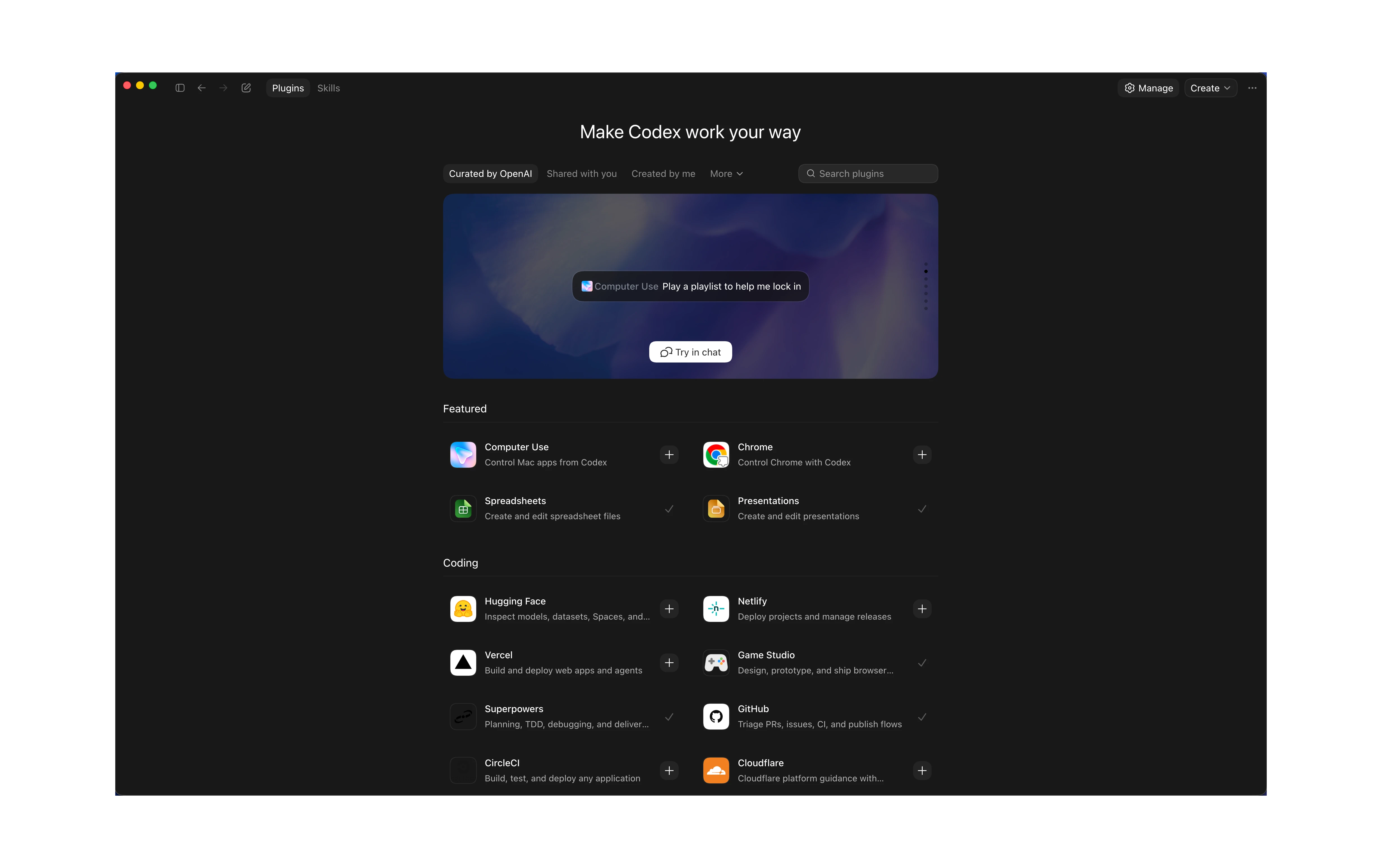Plugins page in the ChatGPT desktop app
