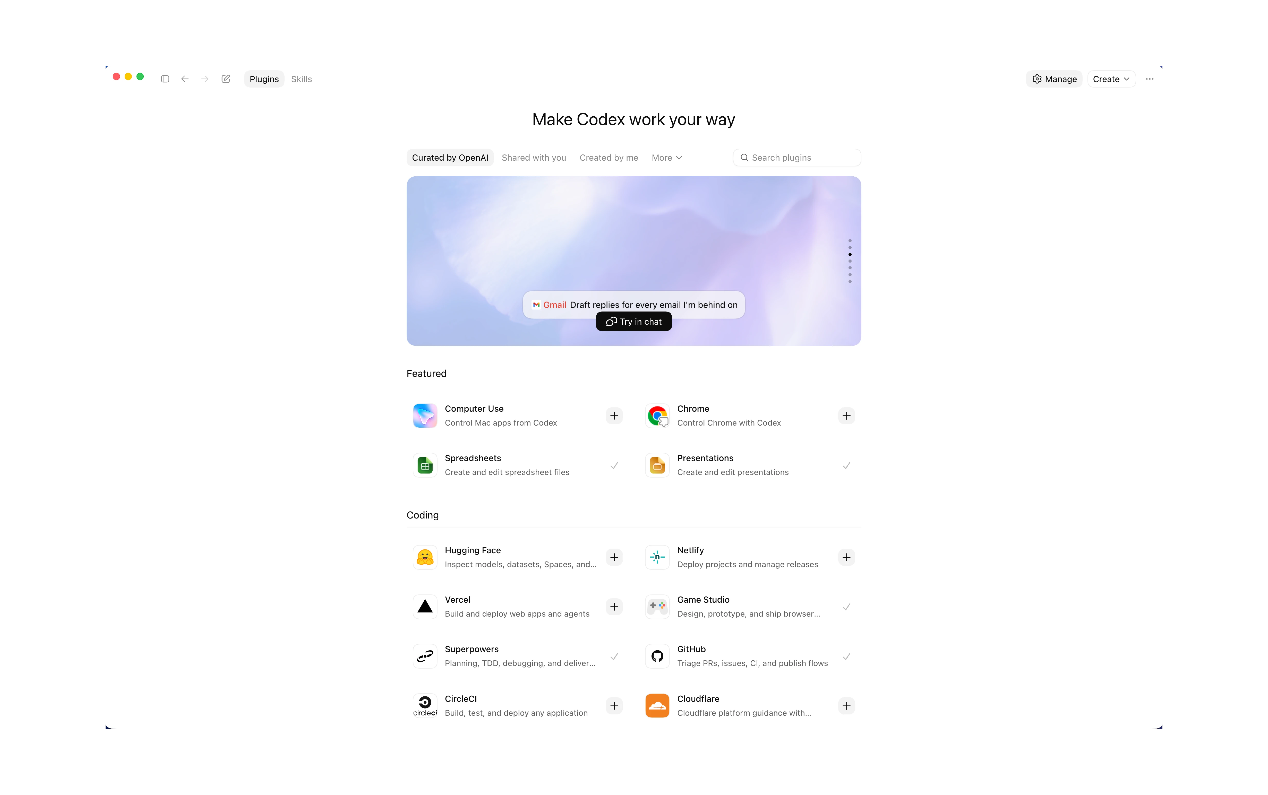 Plugins page in the ChatGPT desktop app