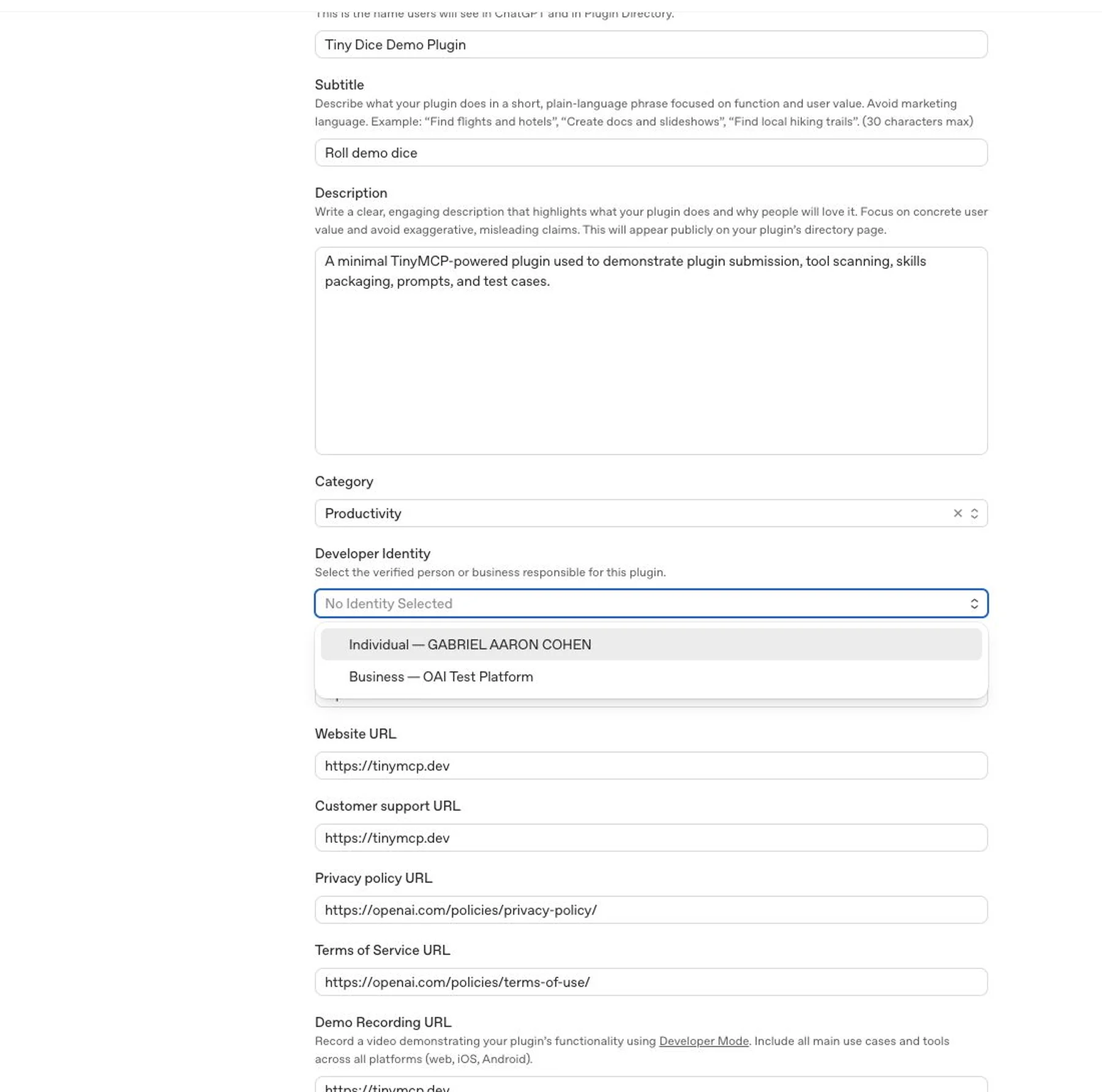 Info tab showing category and developer identity fields