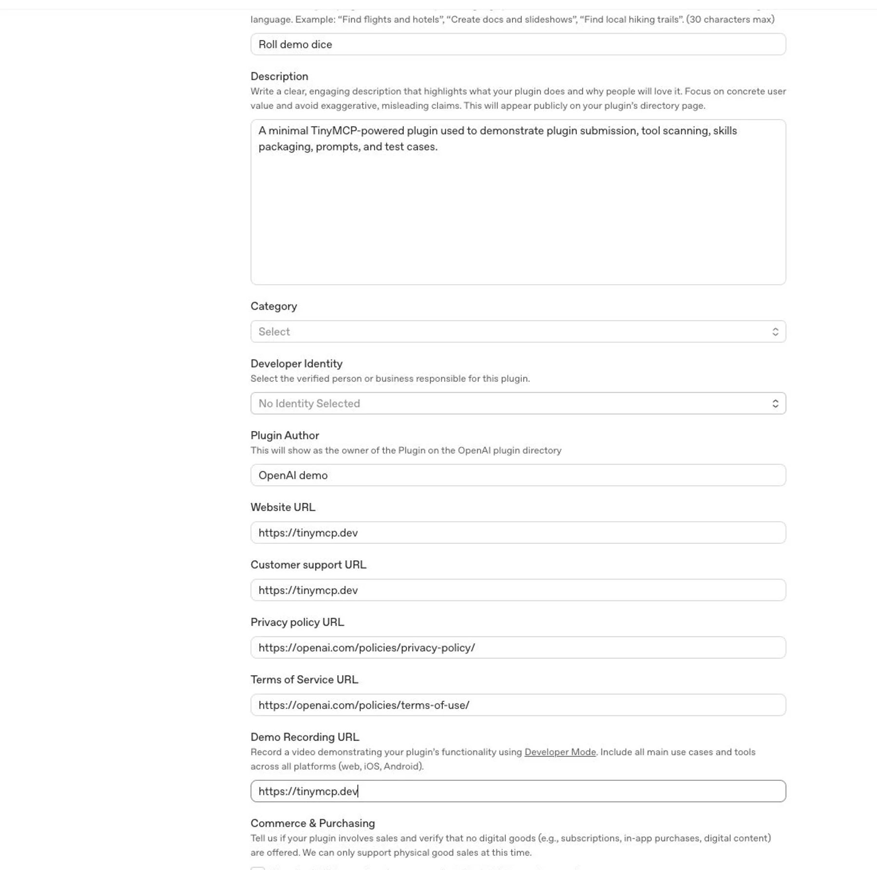 Info tab with plugin listing fields filled out